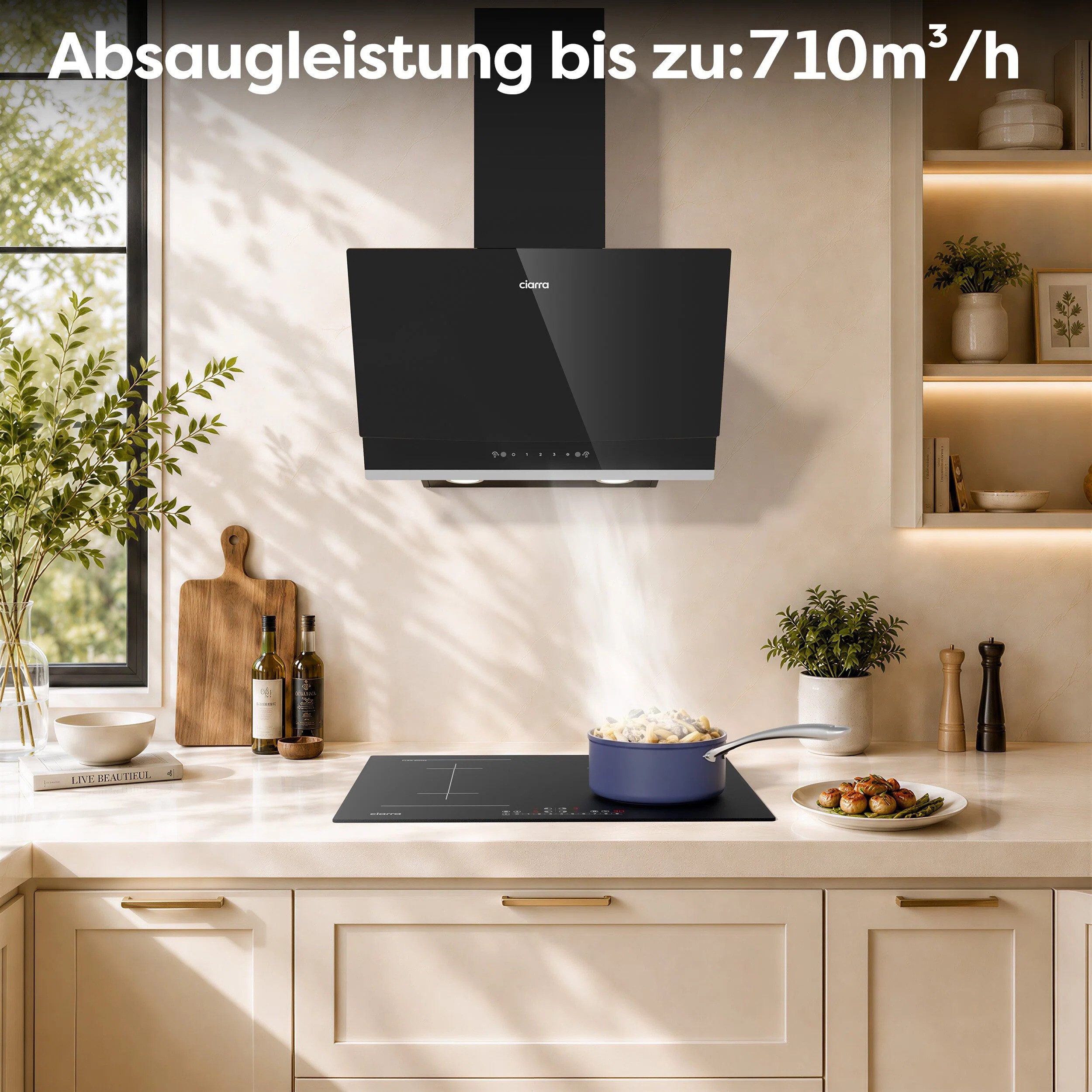 CIARRA Kopffreihaube 60 cm Dunstabzugshaube 710 m³/h starke Saugleistung A+++ CBCB6736A 60 cm Dunstabzugshaube 710 m³/h starke Saugleistung A+++ CBCB6736A, Gestensteuerung & Touch Control, Schräge Wandhaube Umluft & Abluft