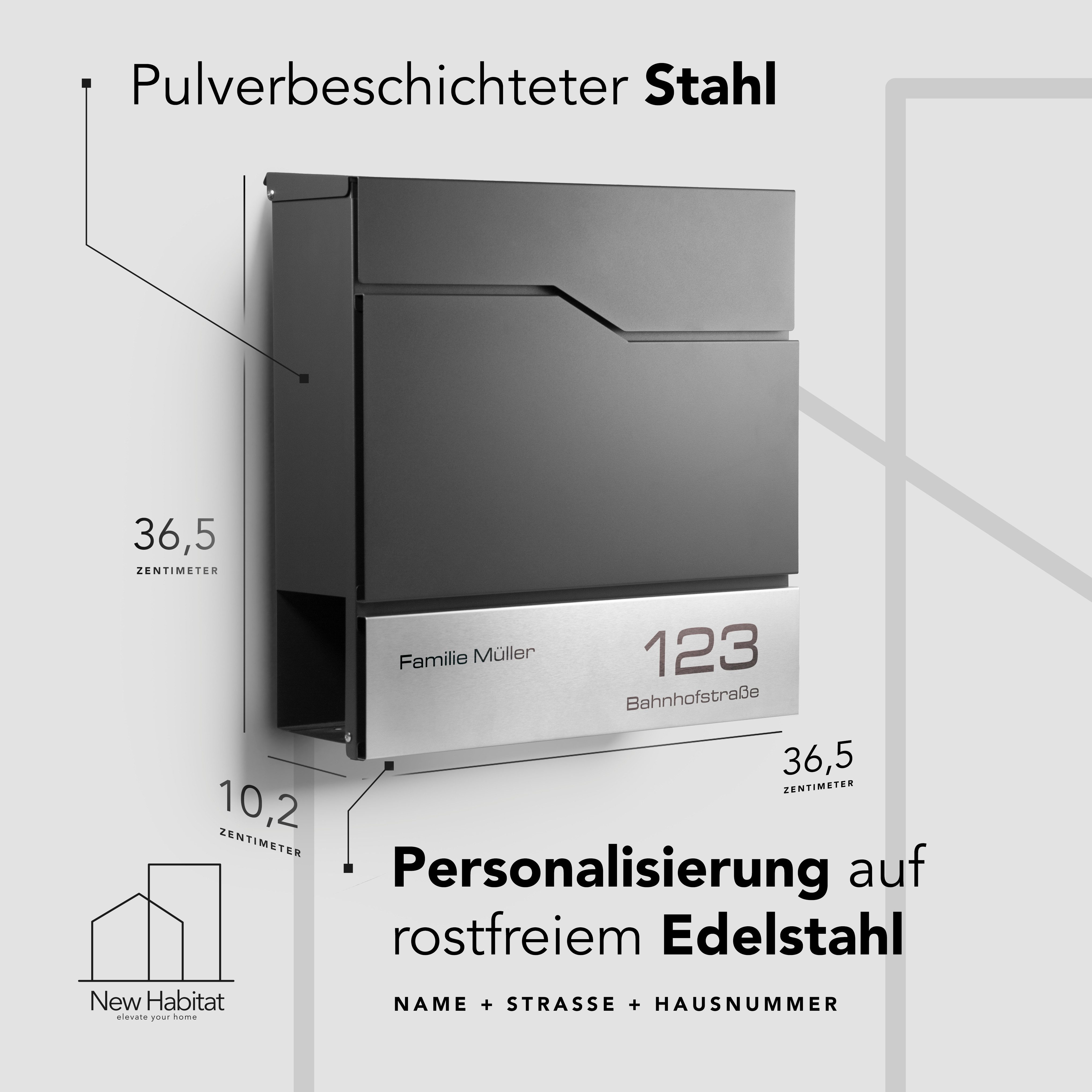 NewHabitat Briefkasten Moderner Wandbriefkasten Personalisierbar Anthrazit RAL7016 (Komplettset, Modell: Tokio), Rostfrei