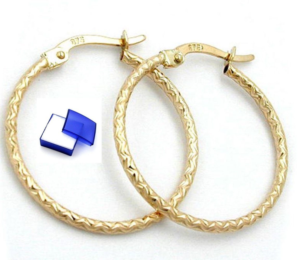 unbespielt Paar Creolen Ohrringe 23 mm diamantiert 375 Gold inklusive Schmuckbox, Goldschmuck für Damen