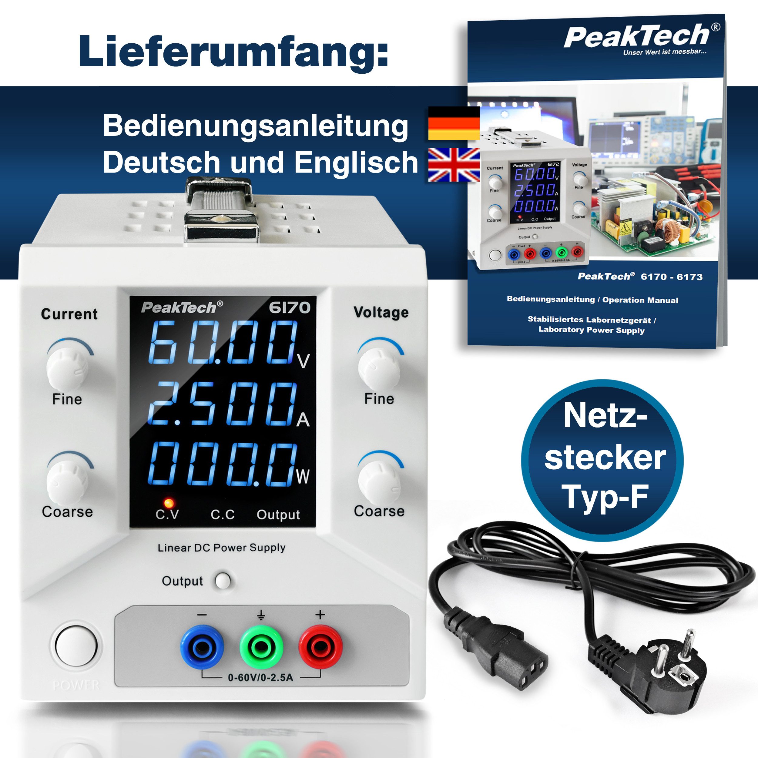 PeakTech PeakTech 6170 - 6173 DC Labornetzteile SELV linear geregelte Netzteile Labor-Netzteil (0-30V oder 0-60V, 0-2,5A oder 0-5A DC)
