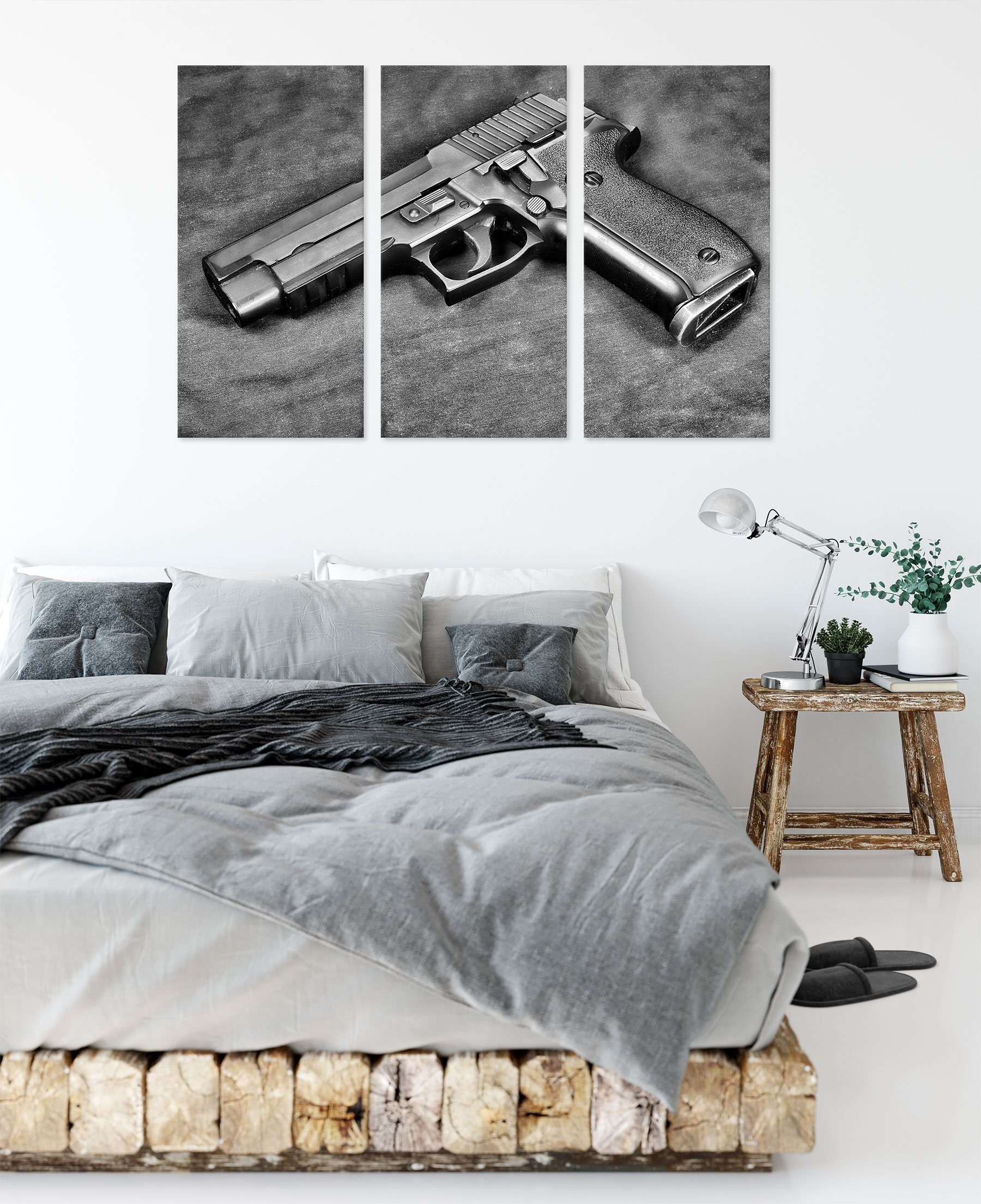 Pixxprint Leinwandbild Waffen, 3Teiler inkl. Pistolen fertig Pistolen St), (120x80cm) bespannt, Leinwandbild (1 Waffen Zackenaufhänger
