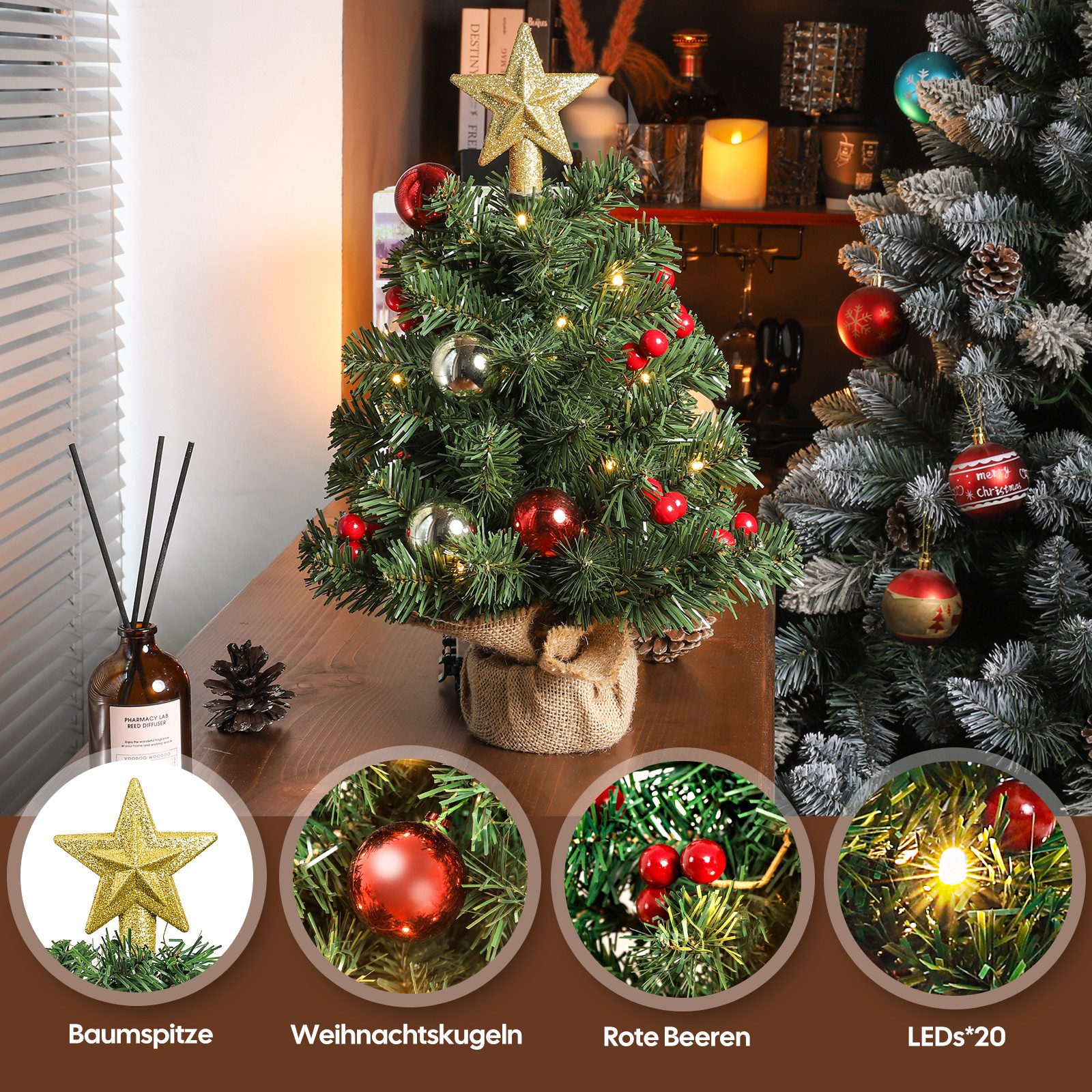 Yorbay Künstlicher Weihnachtsbaum Mini Weihnachtsbaum mit warmweiß LEDs, 8 Licht Modi, Batterie betrieben, für Weihnachten, Advent, künstlich, Geschmückt – Bild 5 von 5