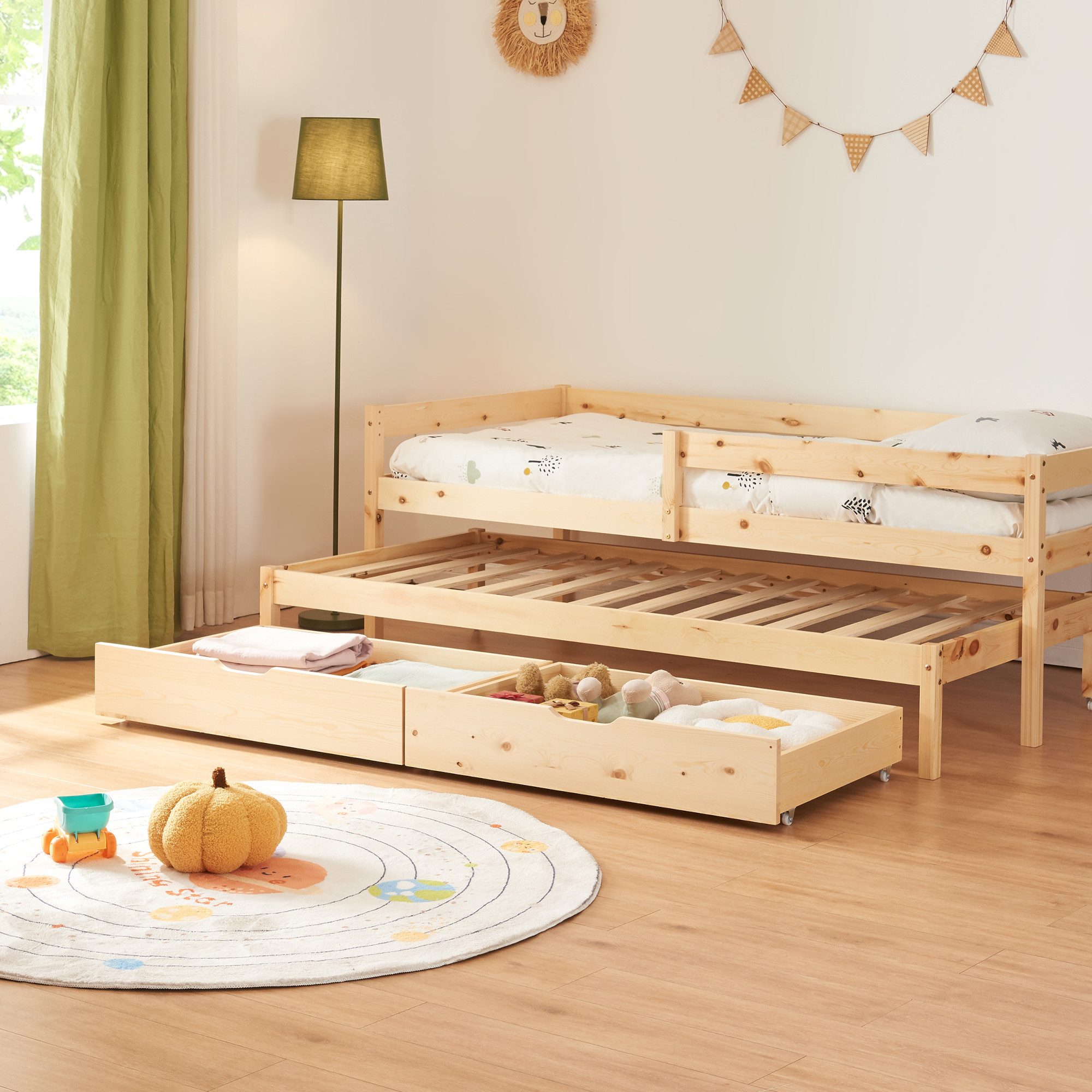 en.casa Kinderbett (Bett und Matratzen), »Sonkajärvi« mit 2 Bettkästen 90x200cm Kiefernholz Natur