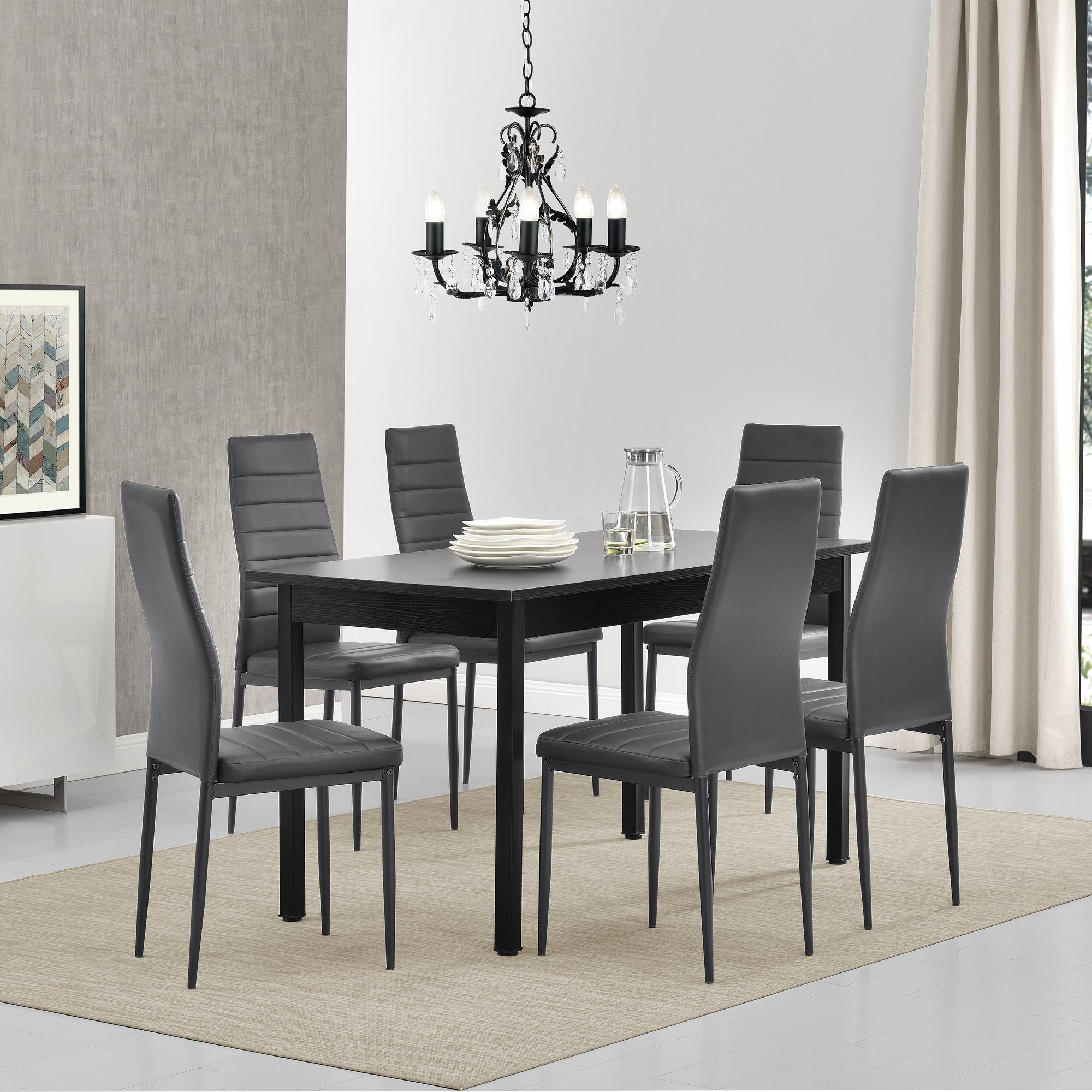 en.casa Essgruppe, (Set, 7-tlg., Esstisch mit 6 Stühlen), »Bjerkvik« 140x60cm Küchentisch Kunstleder Stühle schwarz/grau schwarz - grau
