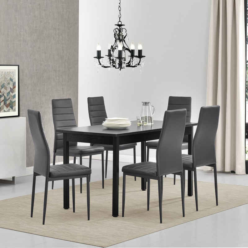en.casa Essgruppe, (Set, 7-tlg., Esstisch mit 6 Stühlen), »Bjerkvik« 140x60cm Küchentisch Kunstleder Stühle schwarz/grau