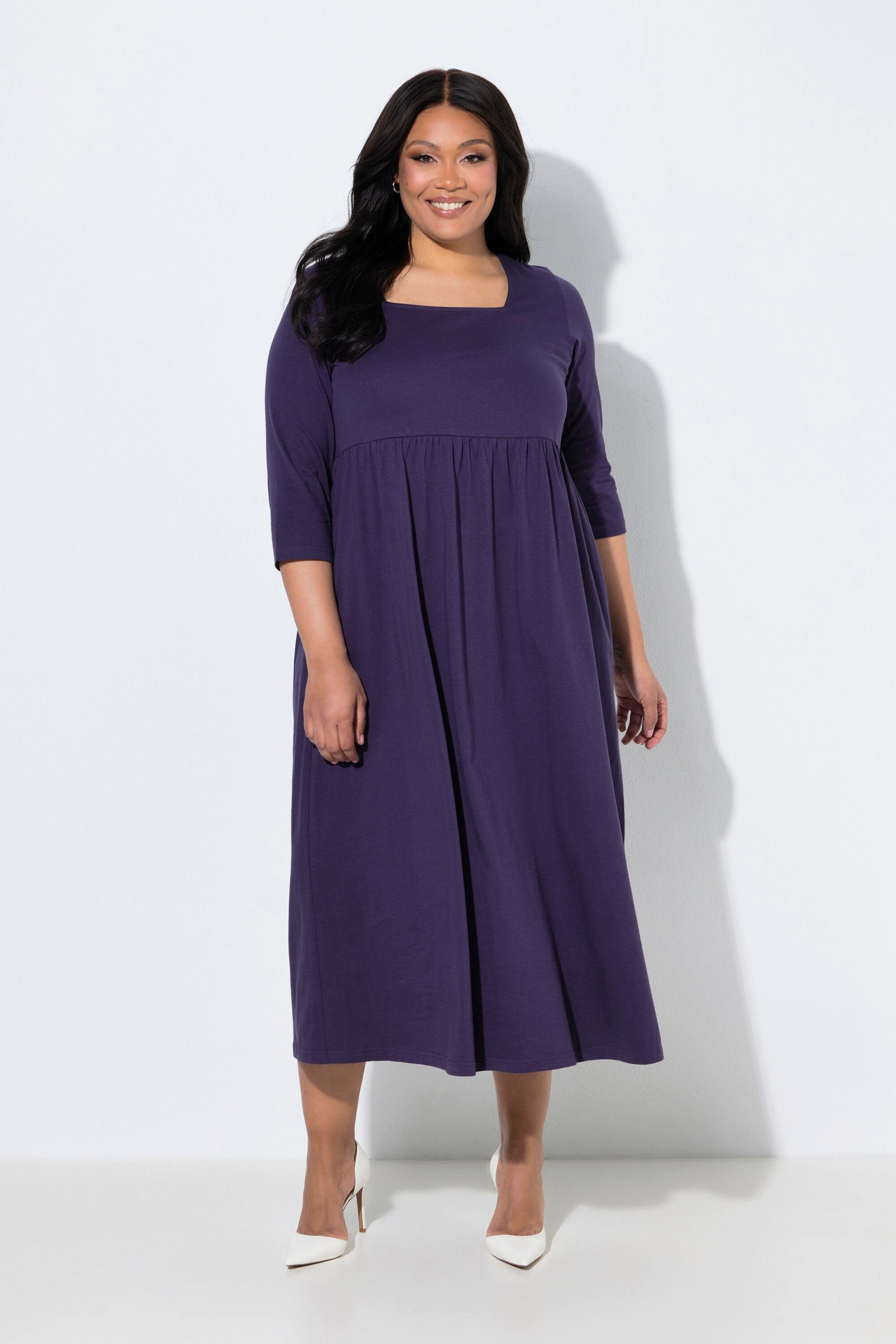 Ulla Popken Maxikleid Jerseykleid A-Linie Carré-Ausschnitt 3/4-Arm