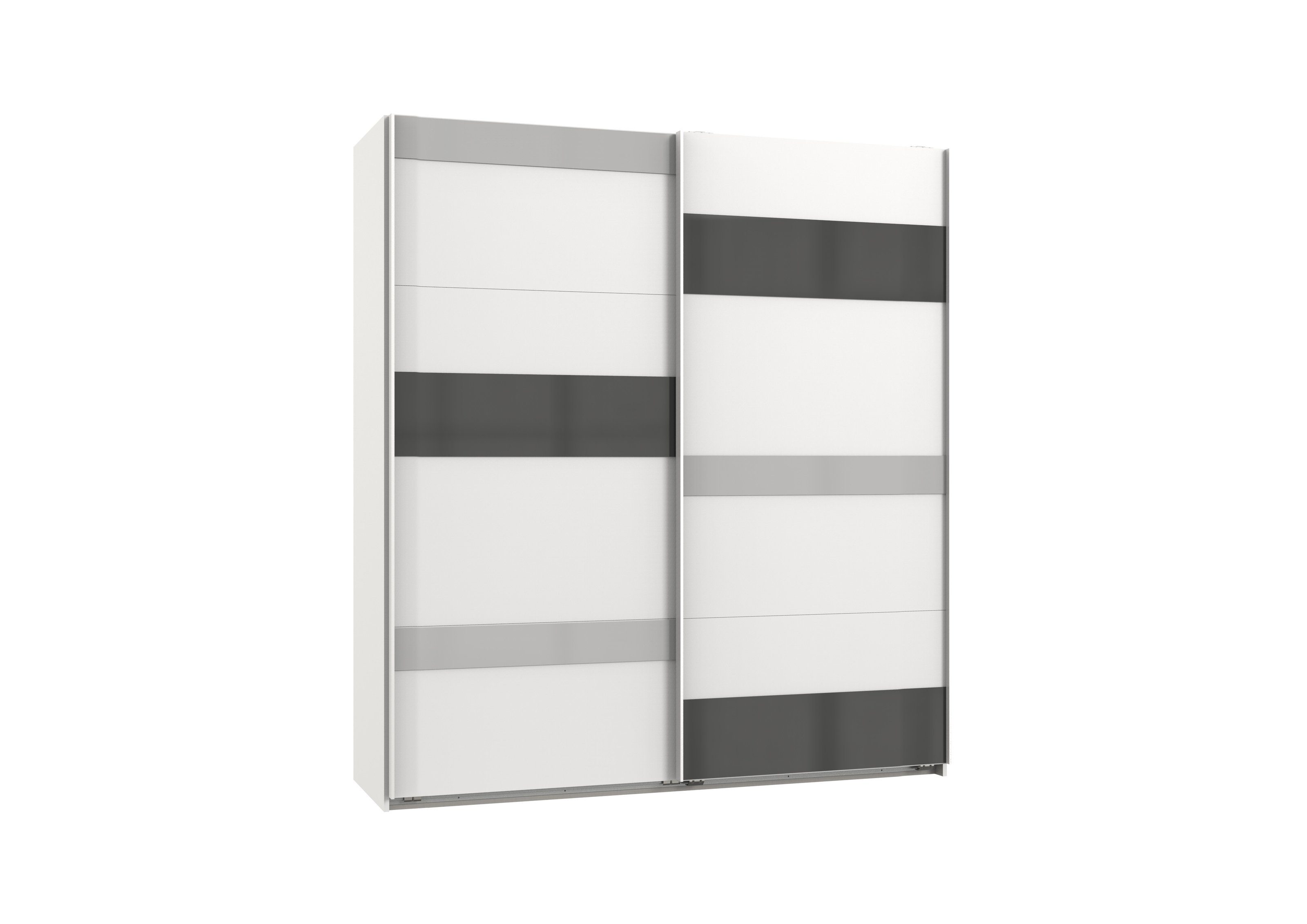 möbelando Schwebetürenschrank Monaco (BxH: 180x210 cm) in WEISS+ABS. GLAS  GREY+GLAS LIGHT GREY mit 2 Türen und 2 Einlegeböden | Schwebetürenschränke