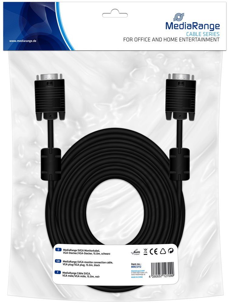 Mediarange Mediarange VGA Monitor Kabel 15 m schwarz Video-Kabel