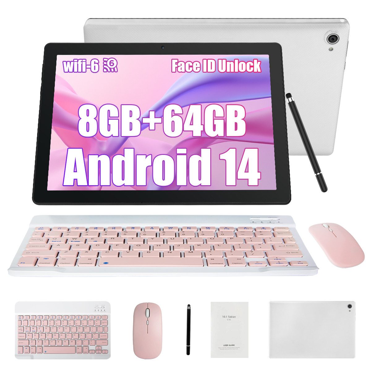 BUFO 10,1 Zoll 64GB erweiterbar auf 1TB mit Maus, Tastatur und Stylus Tablet (10", 64 GB, Android 14, 2,4G/5G WiFi, Android 14, 5000mAh, Gesichtsentsperrung, 1280x800 HD IPS)