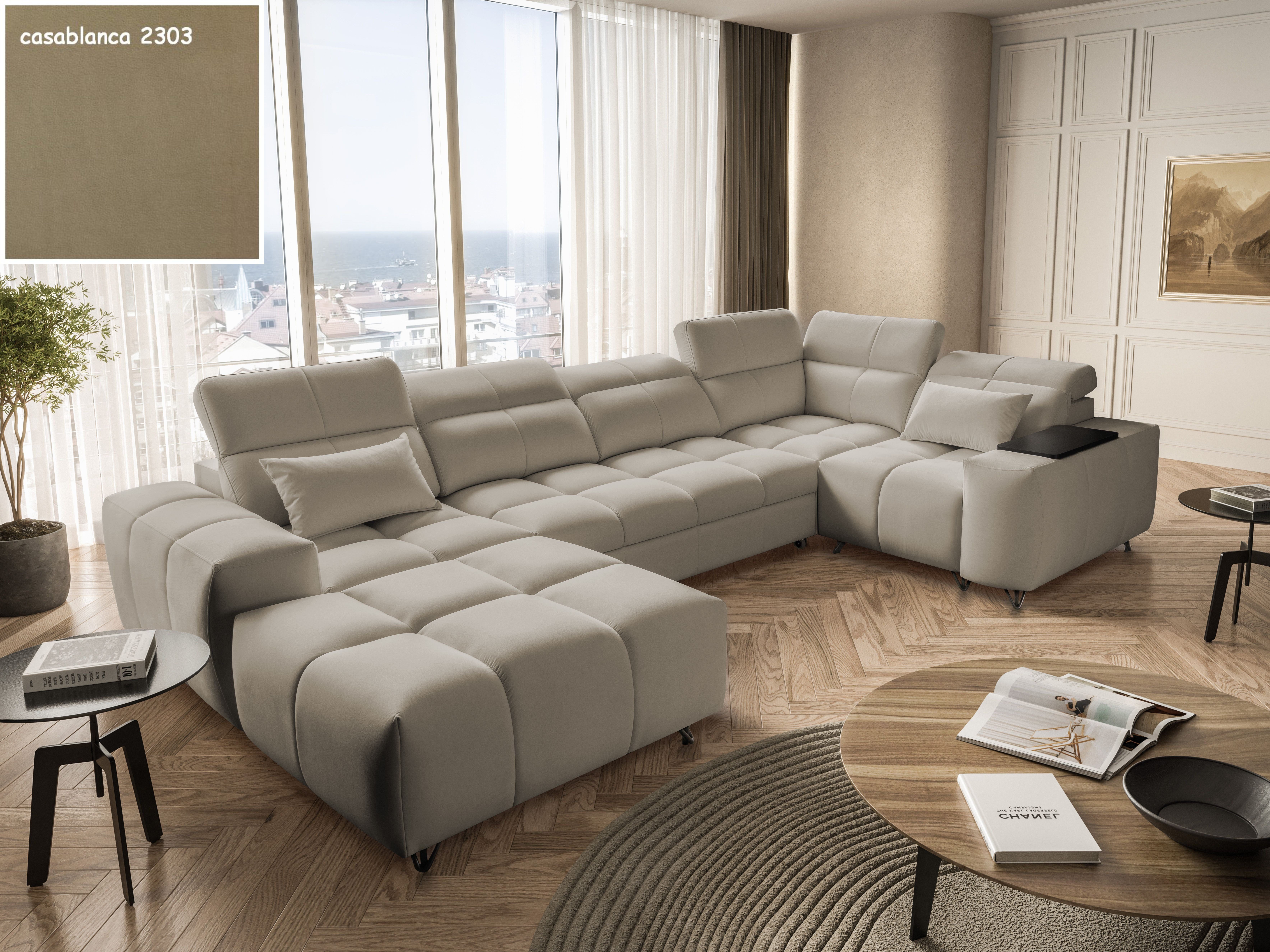 Möbel für Dich Wohnlandschaft XXL Calisto 4 in U-Form mit Hocker und verstellbaren Kopfstützen, mit modernem Design und Kassettensteppung im Schokoladentafel-Look
