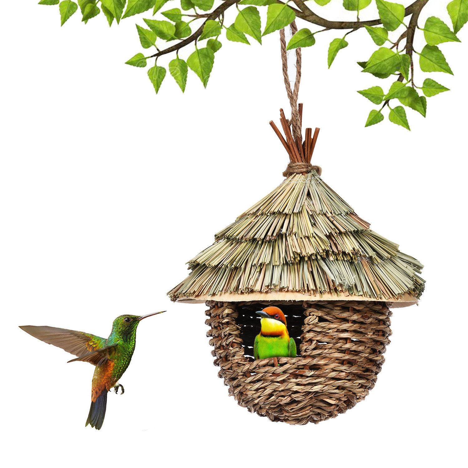 AURIVION Tierhaus haus Vogelnest Gras,Vogelnest für KäFig Deko, Handgewebte Vogelhäuser(1 Stück)