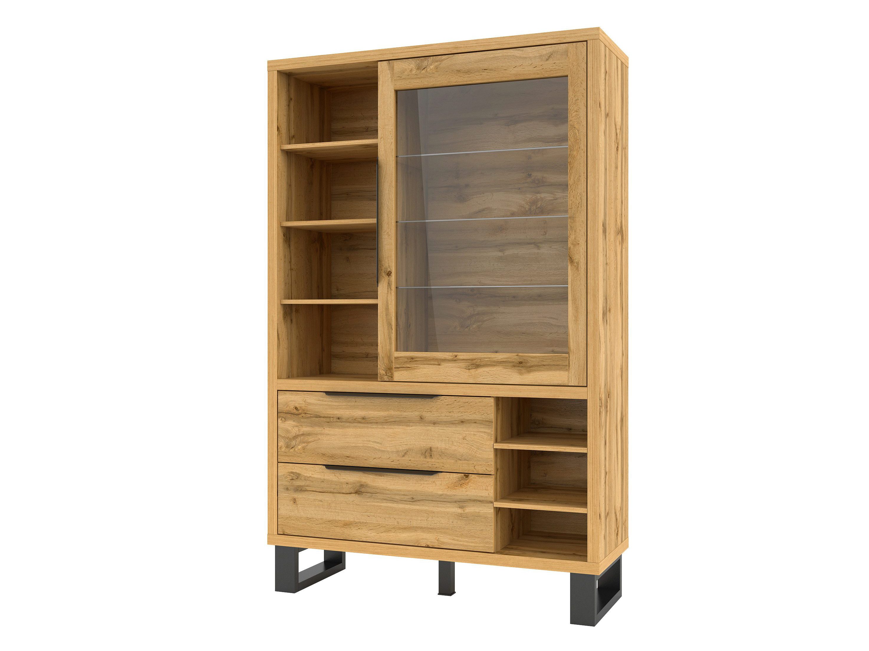 Beautysofa Vitrine HALLE Standvitrine mit Glaseinlegebode, mit Schubladen