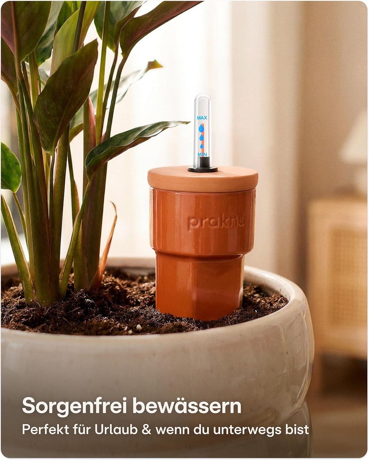 Praknu Bewässerungssystem 3 x Tonkegel Bewässerung mit Deckel & Wasseranzeige – Bis zu 10 Tage, (3er Set, 3 Tonkegel mit Deckel & Wasseranzeige – automatische Bewässerung)
