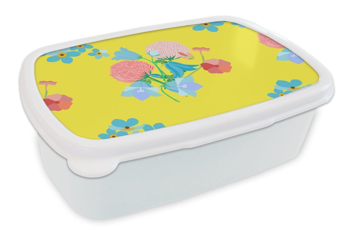 MuchoWow Lunchbox Blumen - Blumenstrauß - Frühling - Muster, Kunststoff, (2-tlg), Brotbox für Kinder und Erwachsene, Brotdose, für Jungs und Mädchen weiß