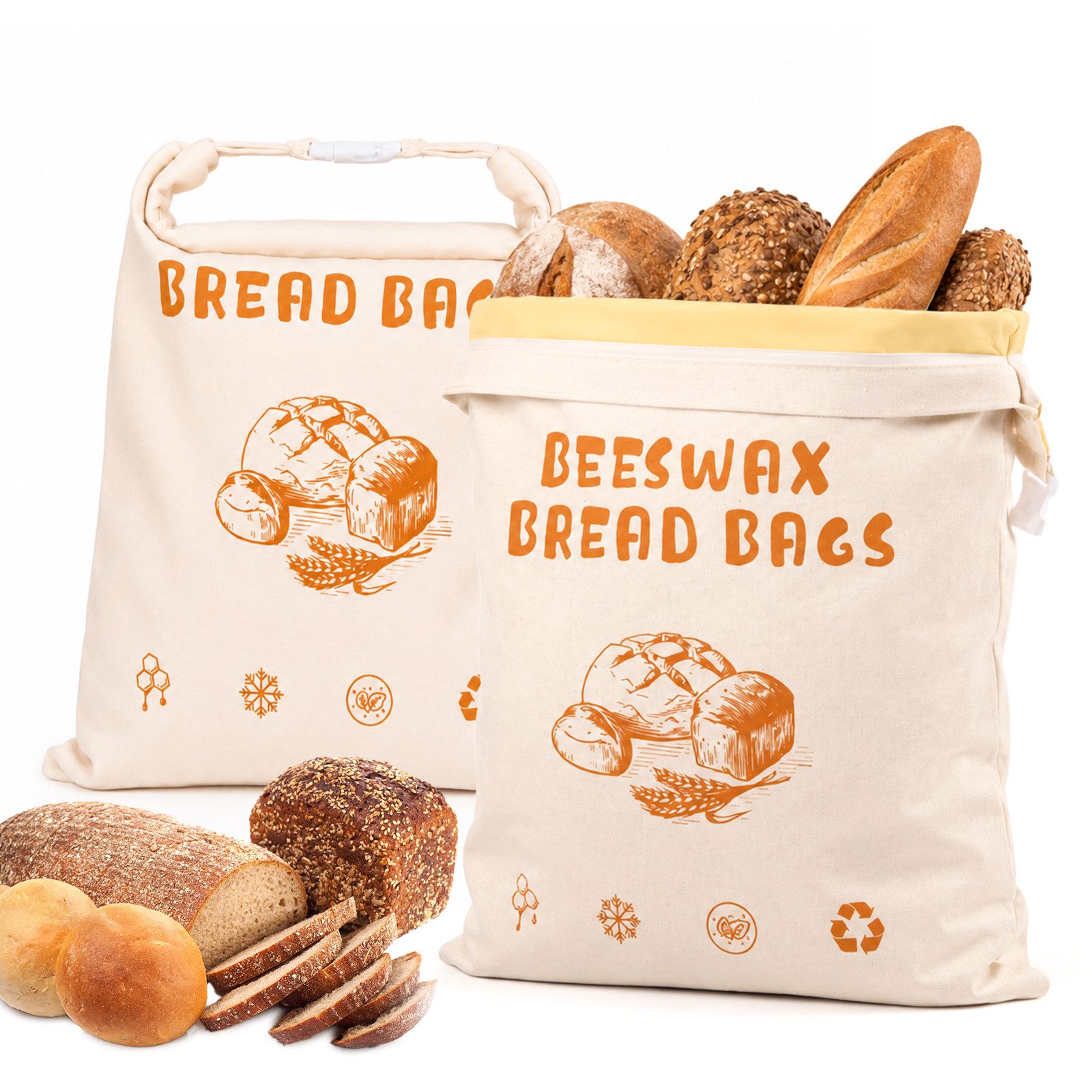 JOYOLEDER Brottasche Bienenwachs Brotbeutel 2 Stück, 43×34 cm Wiederverwendbar, (für Brot, Brotbeutel Aufbewahrung Frischhalten, mit Reißverschluss, zur Aufbewahrung von Brot)