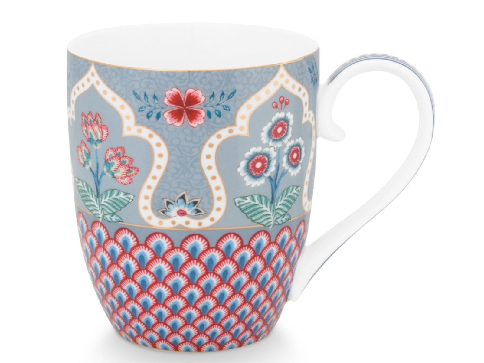 PiP Studio Becher Flower Fest. Scallop Deco Henkelb. Light B. 450ml, Porzellan, Mug XL Flower Festival Scallop Deco Light Blue 450ml