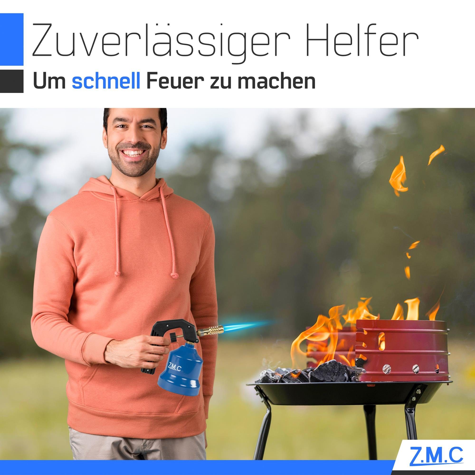 ZMC Flambierbrenner Gasbrenner Grillanzünder Gasanzünder Lötpistole +6 Gaskartuschen 190g, (Lötlampe 2,2 kW Temperatur von bis zu 1200 ° C), Butangas Lötbrenner Kohleanzünder Flammspritzpistole Bunsenbrenner