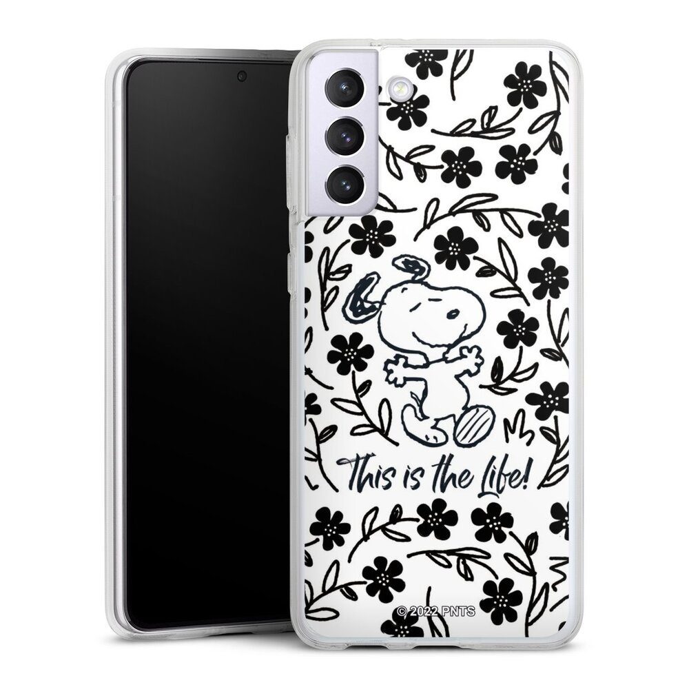 DeinDesign Handyhülle Peanuts Blumen Snoopy Snoopy Black and White This Is The Life, Samsung Galaxy S21+ 5G Silikon Hülle Bumper Case Handy Schutzhülle