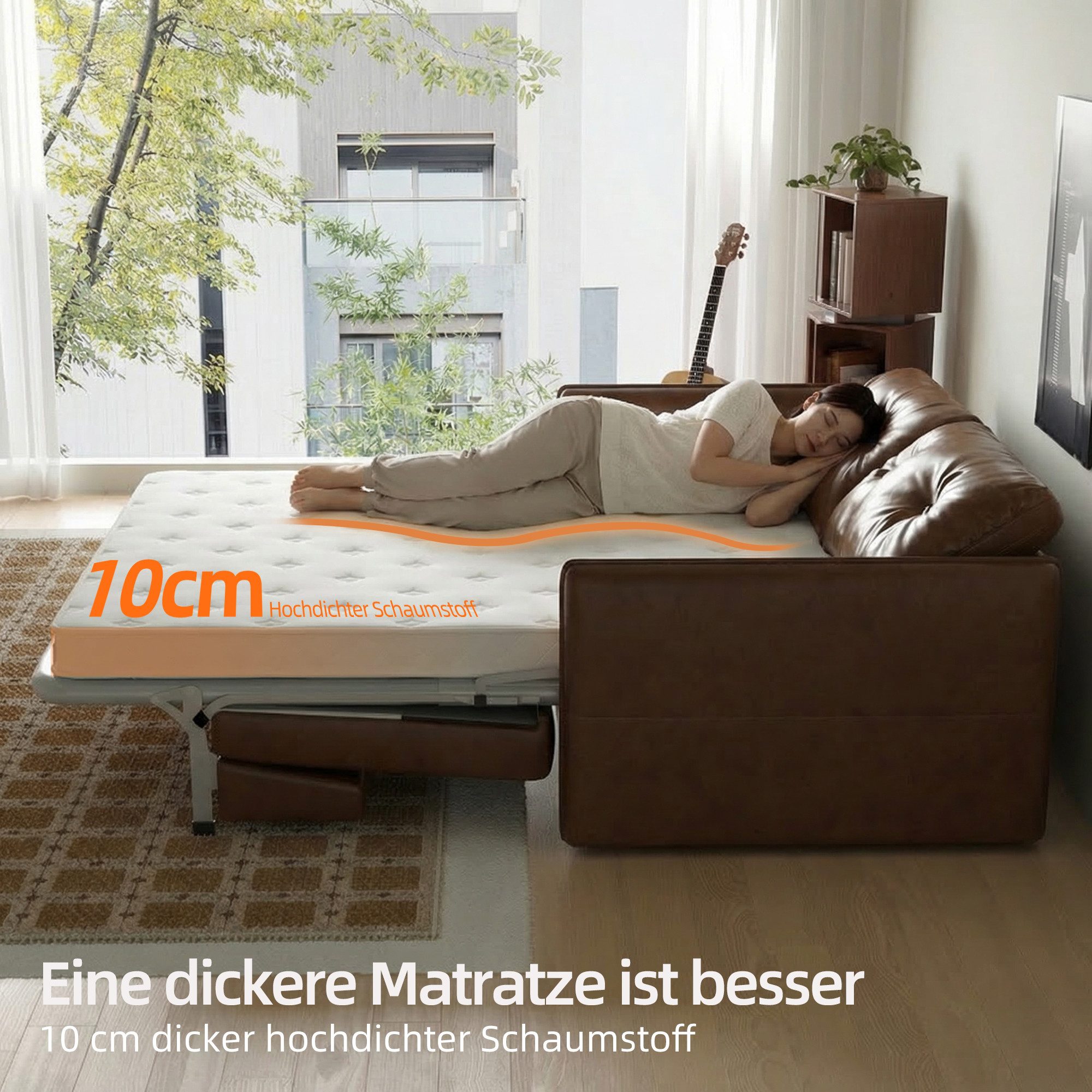 oleyluckidea Schlafsofa 3-in-1 schlafcouch ausziehbar,160cm mit Matratze,sofabett Lederoptik, Set, Zum Bett umwandelbar, braun – Bild 5 von 5