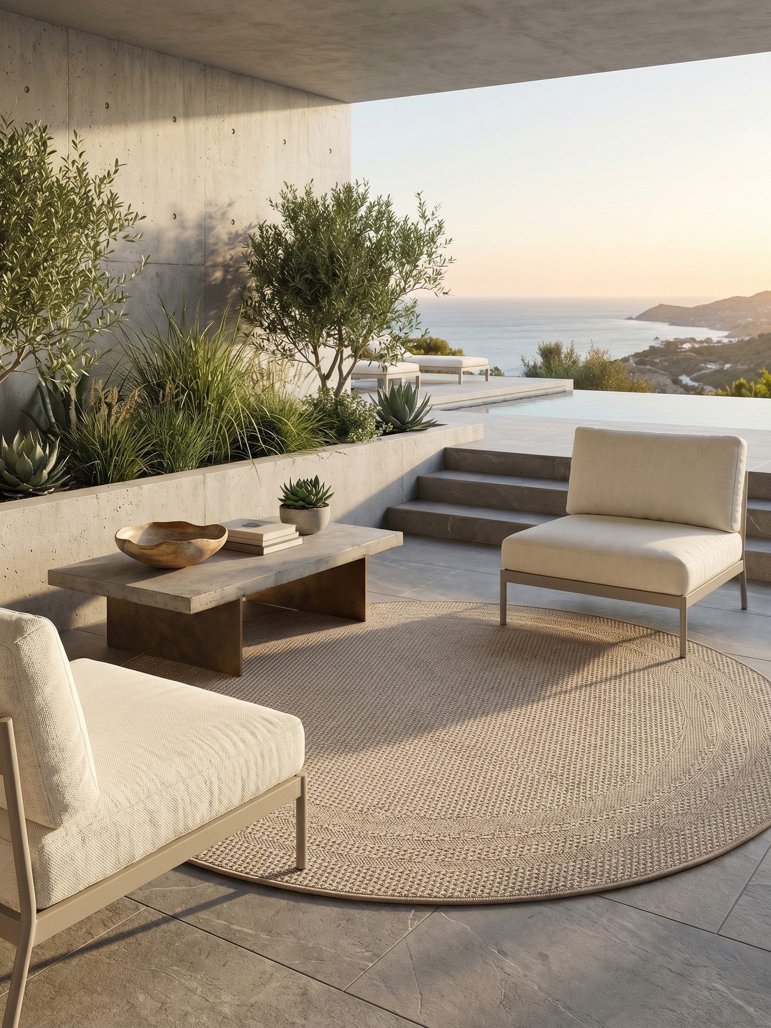 KADIMA DESIGN Teppich Outdoor Teppich VENTOUX Bordüre Flachgewebe Balkon Küche Rund, Rund, Höhe: 5 mm, Beige, 80x80 cm, Outdoor Balkonteppich Terrasse Pflegelei – Bild 4 von 5