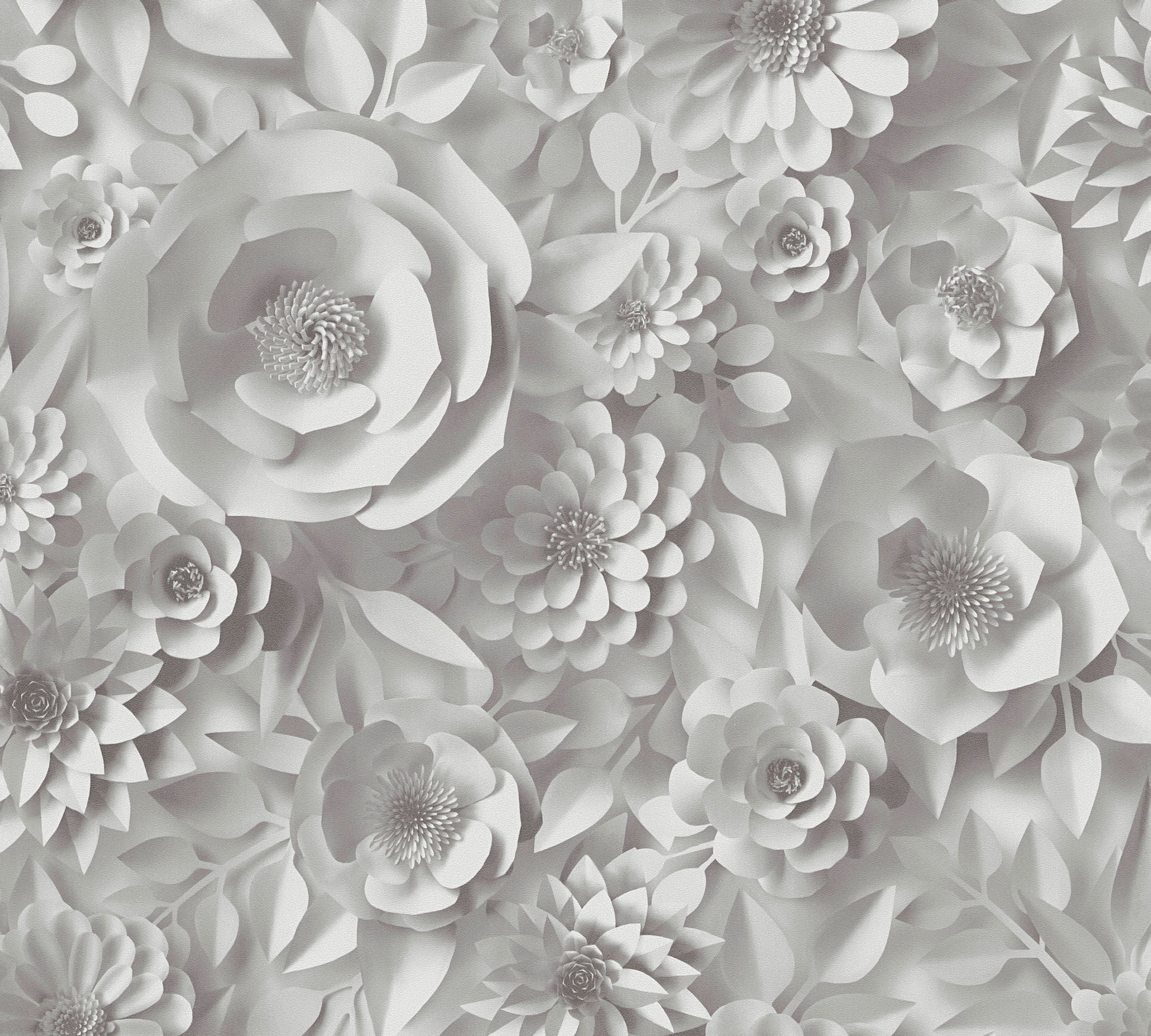 (1 Blumen Vliestapete Optik, PintWalls Blumenwand Création St), 3D glatt, matt, A.S. grau/weiß