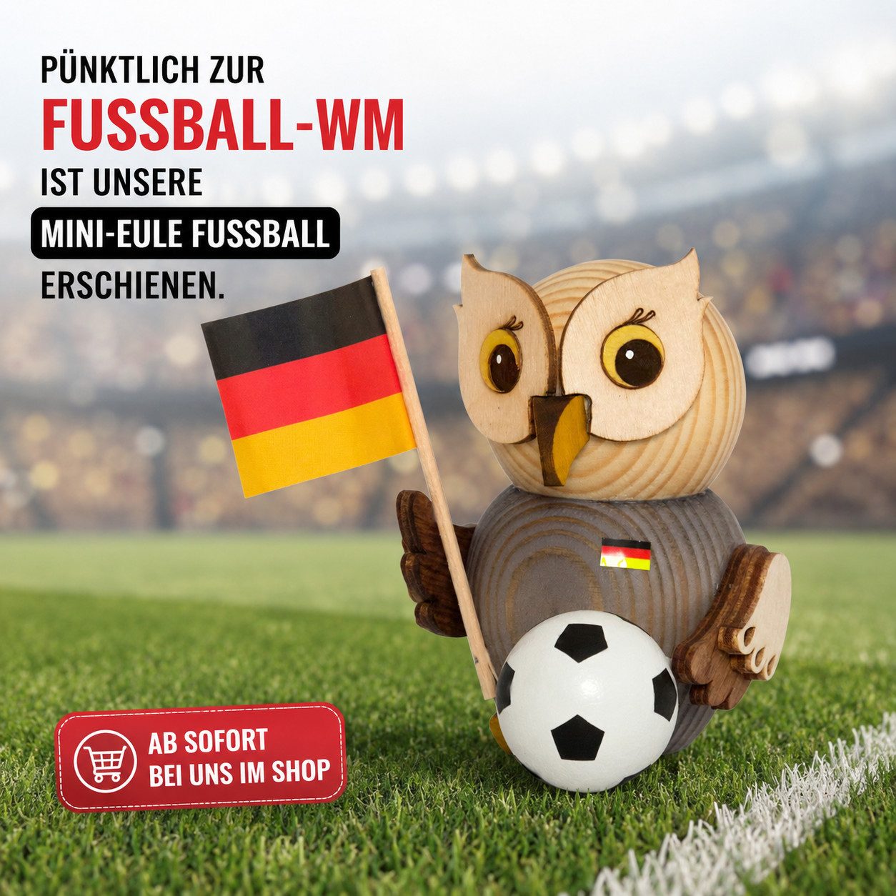 Kuhnert Dekofigur Kuhnert Mini Eule mit Fußball zur Fußball-WM 2026 (1 St., 1 Stück), 100% Made in Germany, Erzgebirgische Holzkunst