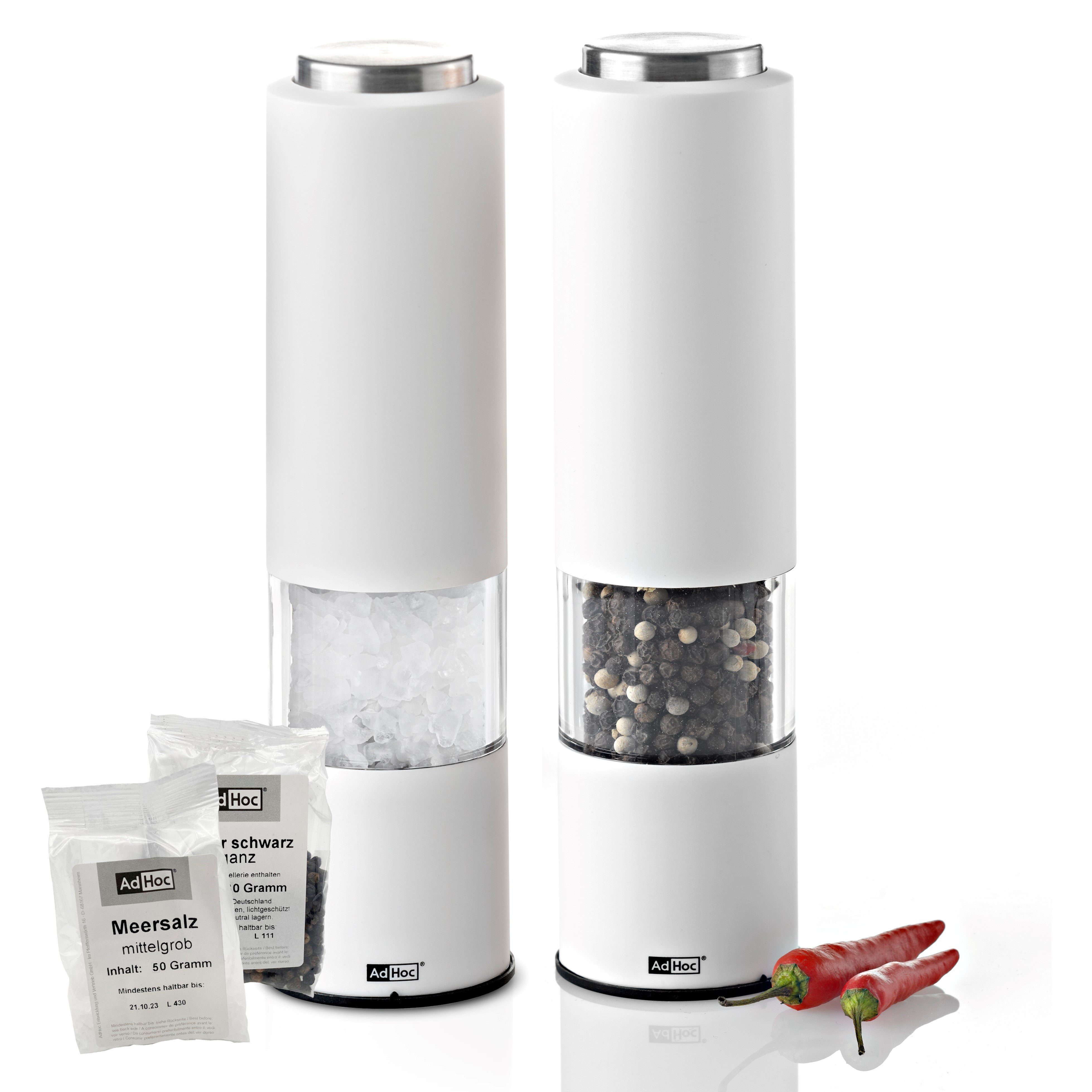 AdHoc Salz-/Pfeffermühle Tropica elektrisch, (2 Stück), elektrische Gewürzmühlen, Keramik-Mahlwerk, modernes Design, LED Weiß, Weiß