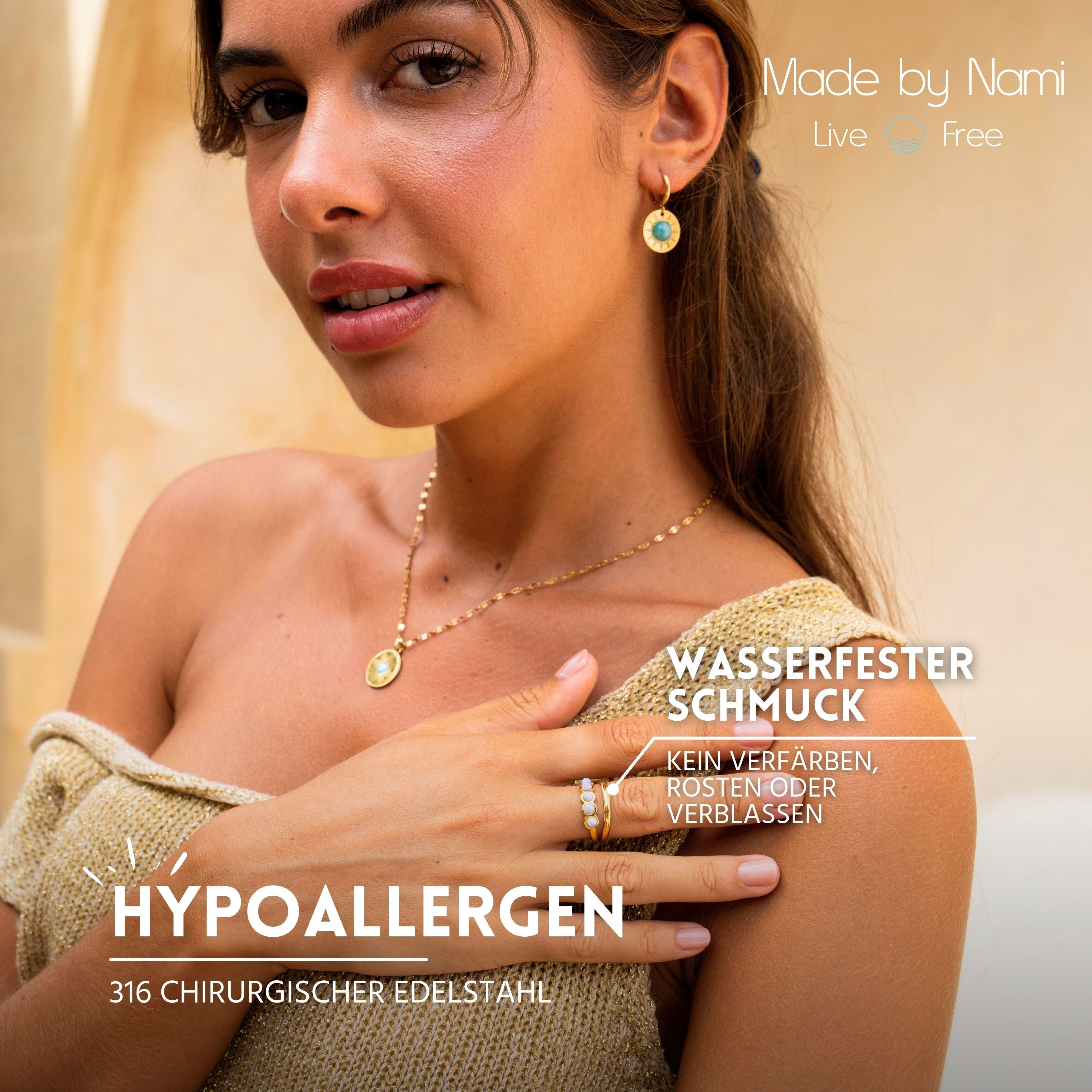 Made by Nami Fingerring Damen Gold aus Chirurgischem Edelstahl Edelstein Doppel-Weiß-Design, Verstellbar Boho Schmuck Wasserfester Schmuck Festival Accessoires