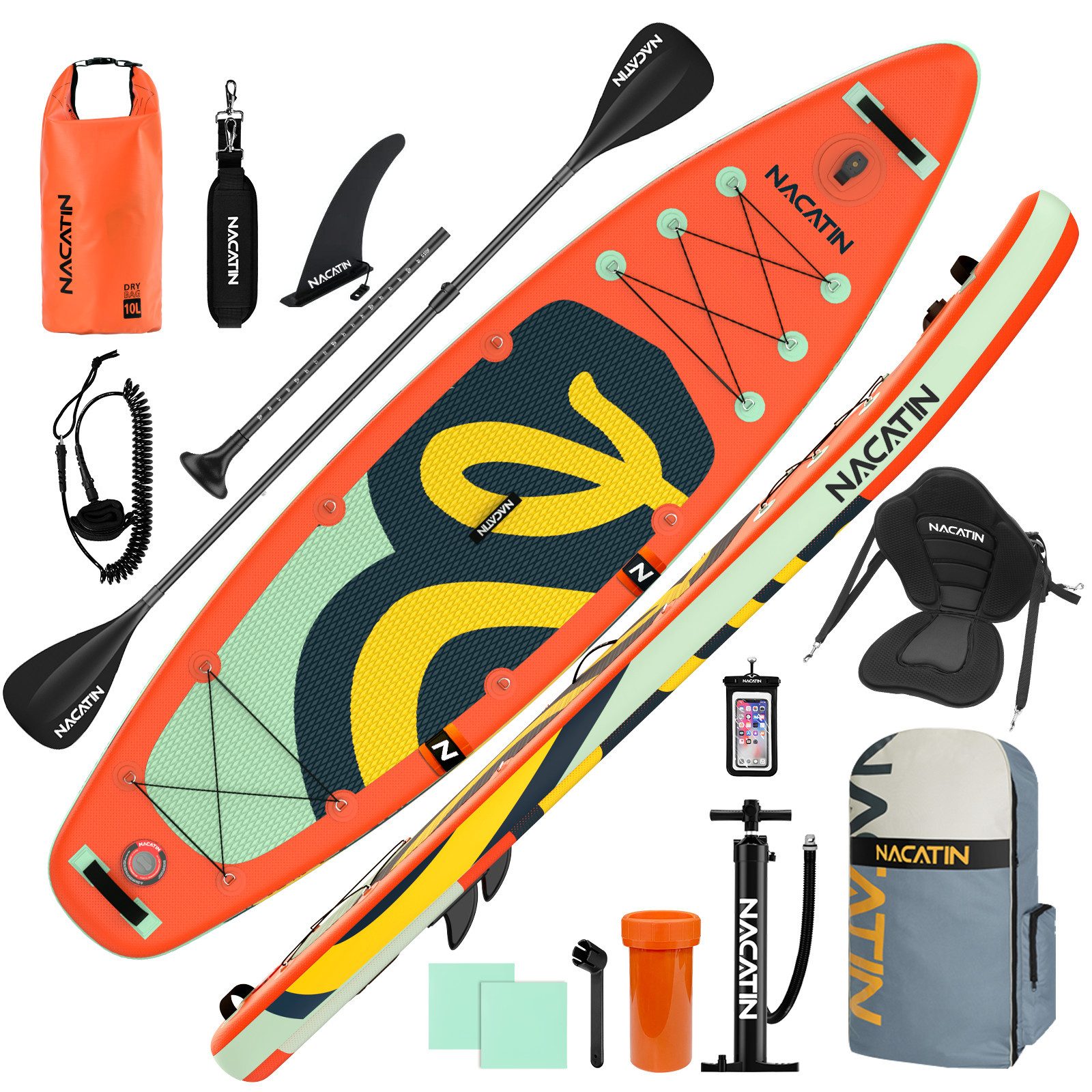 NACATIN Inflatable SUP-Board Aufblasbares SUP Board 10'6", Allround-Board, 200 kg Tragkraft, Inflatable SUP Board, mit Kajaksitz, Zubehör, Paddel, Pumpe, 10L Tasche & Leine