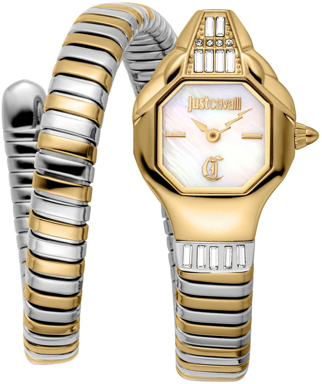 Just Cavalli Time Quarzuhr Signature Snake JC1L326M0055, Armbanduhr,Damenuhr,Edelstahlband,Perlmutt-Zifferblatt,Kristallsteine