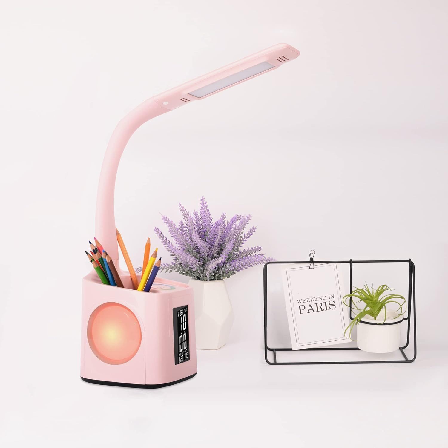 feinlux Schreibtischlampe Nachttischlampe Tischlampe Leuchte mit Akku Stifthalter, LED fest integriert, Warmlicht, mit LCD-Bildschirm, Uhr, Kalender, Wecker, Temperatur.