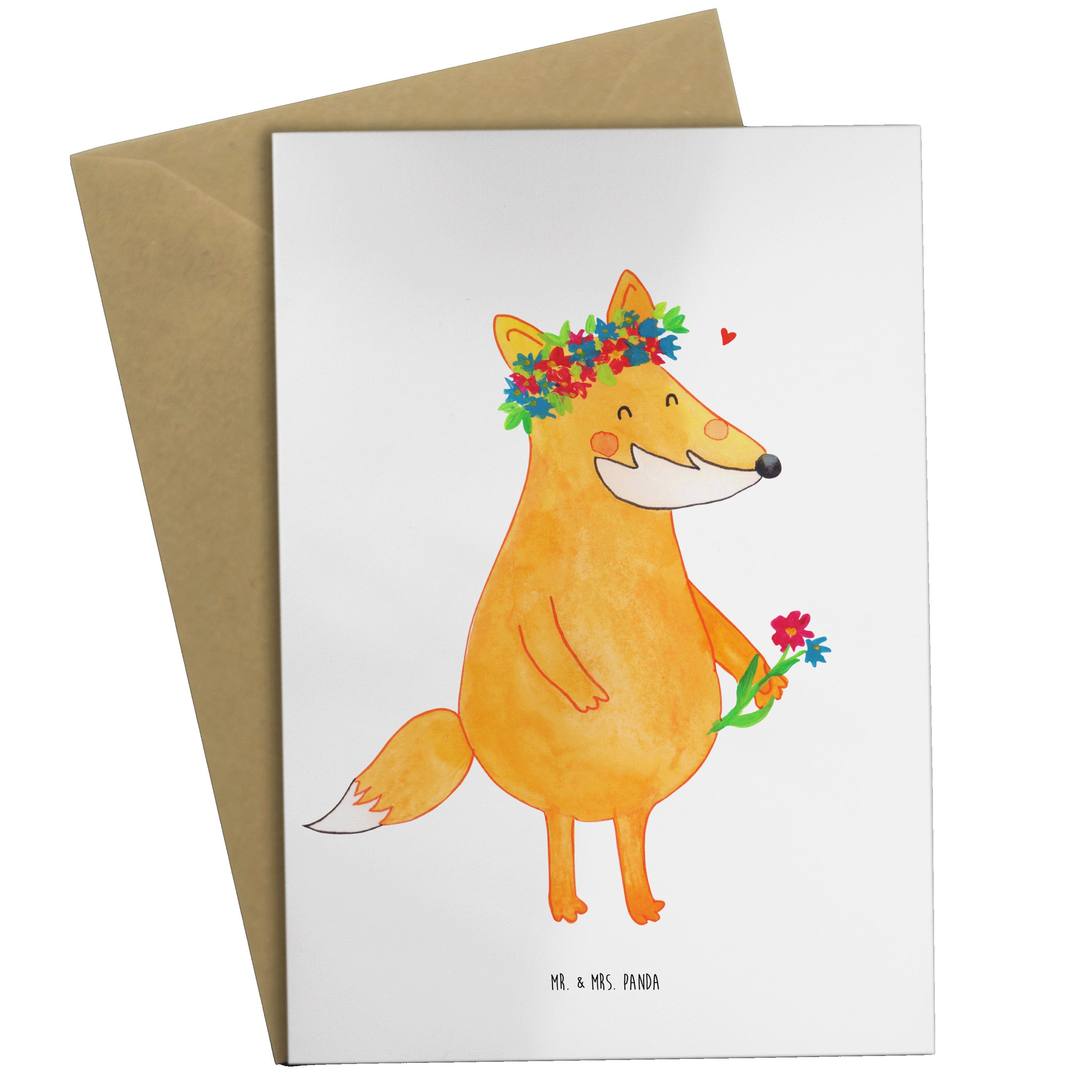 Mr. & Mrs. Panda Grußkarte Fuchs Blumenliebe - Weiß - Geschenk, Hochzeitskarte, Geburtstagskarte