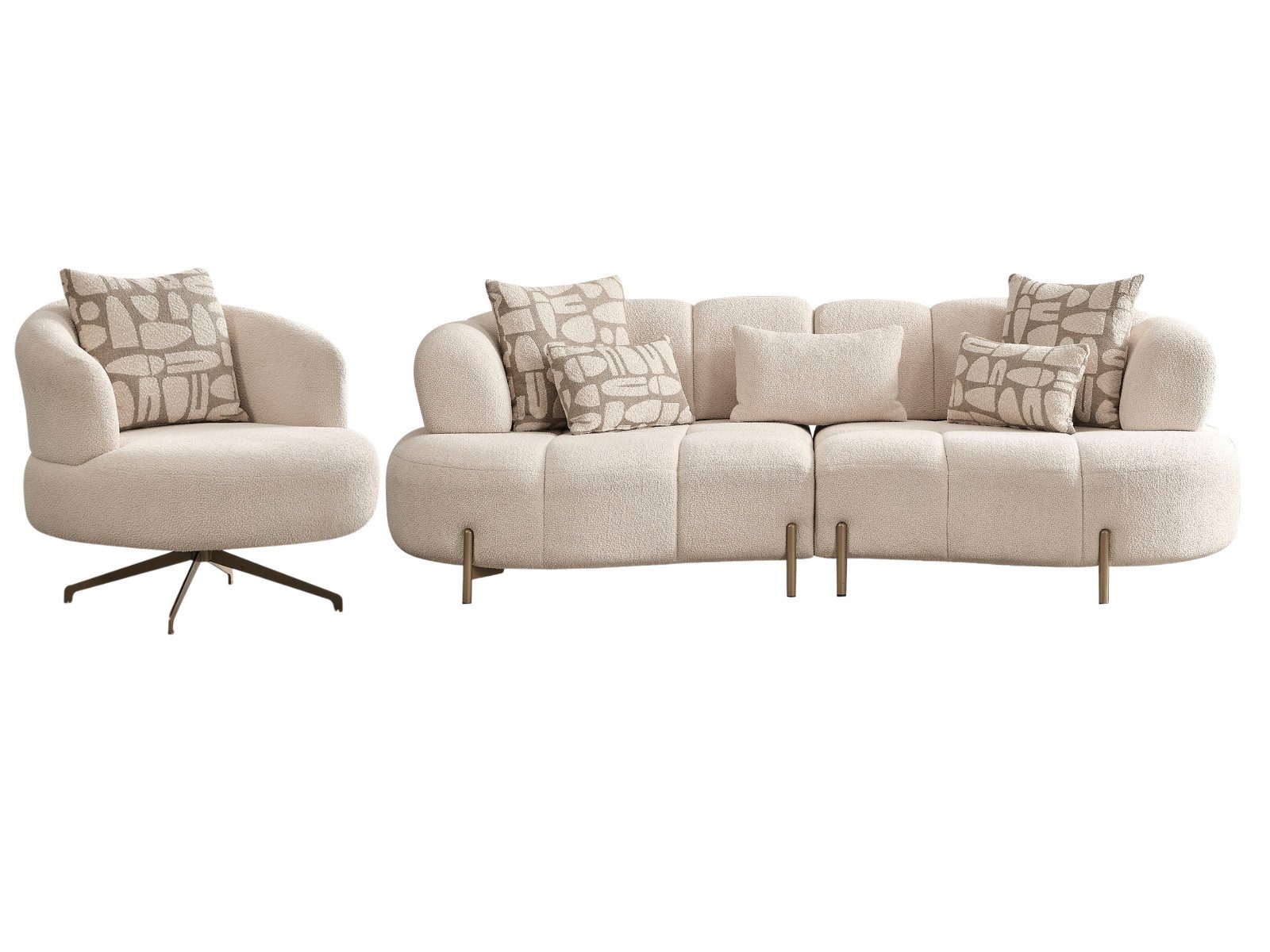 Villa Möbel Polstergarnitur Vega, (Sofa Set, 3-Sitzer + Sessel), Boucléstoff Creme Antikgold Füße Ruhiges Design Weicher Komfort