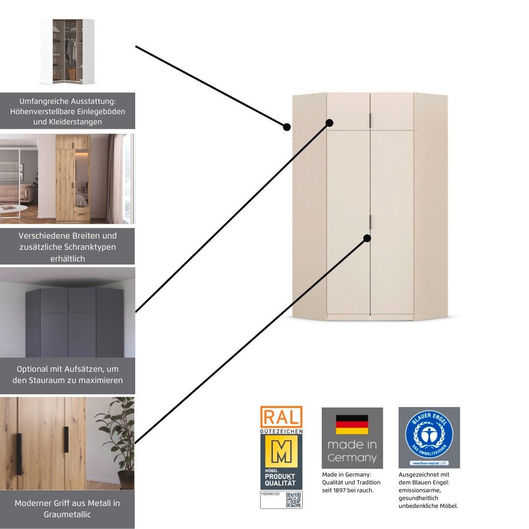 rauch Kleiderschrank Eckschrank Schrank Ankleidezimmer Schlafzimmer Garderobe LAGOA voll ausgestattet viel Stauraum, optional mit Aufsatz MADE IN GERMANY – Bild 5 von 5