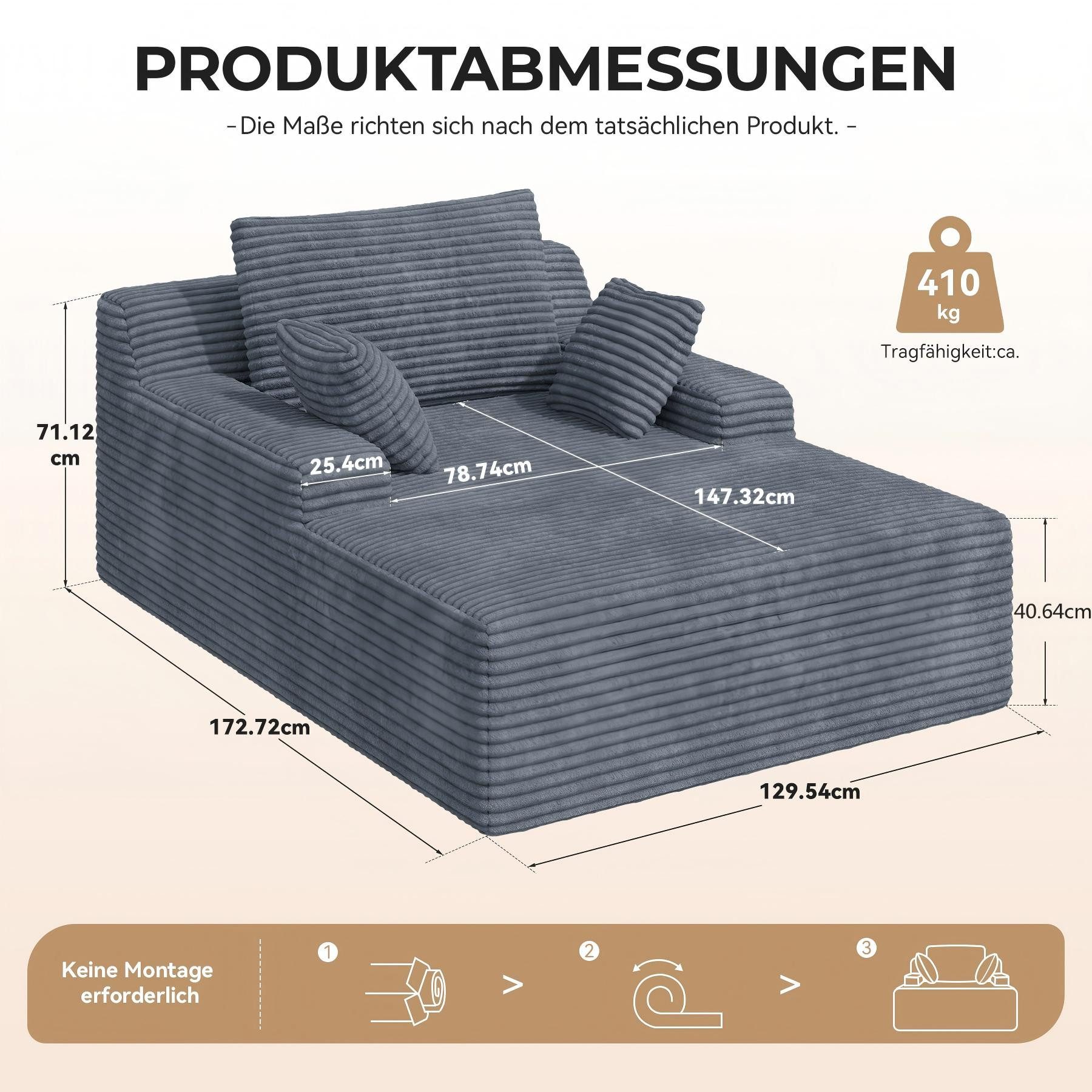 HawthyHome Schlafsofa Cordstoff Relaxsofa mit 2 Kissen, 1 Teile, 172x129x40 cm Bequeme Liegesofa für Wohn- und Schlafzimmer – Bild 2 von 5