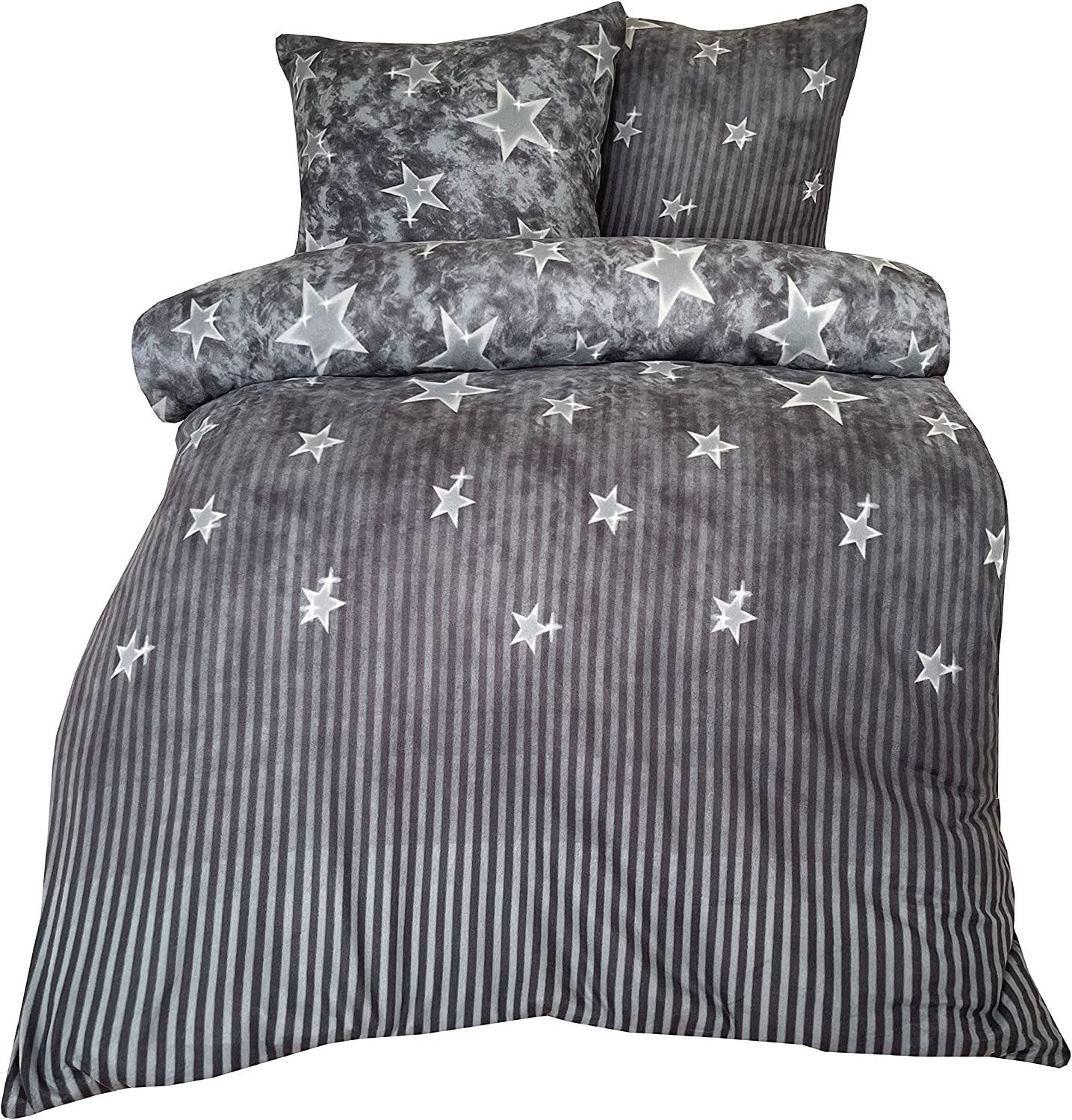 Visaggio Bettwäsche Winter Fleece Bettbezug flauschig warm, Fleece, 3 teilig, Thermofleece kuschelig weich, Sterne