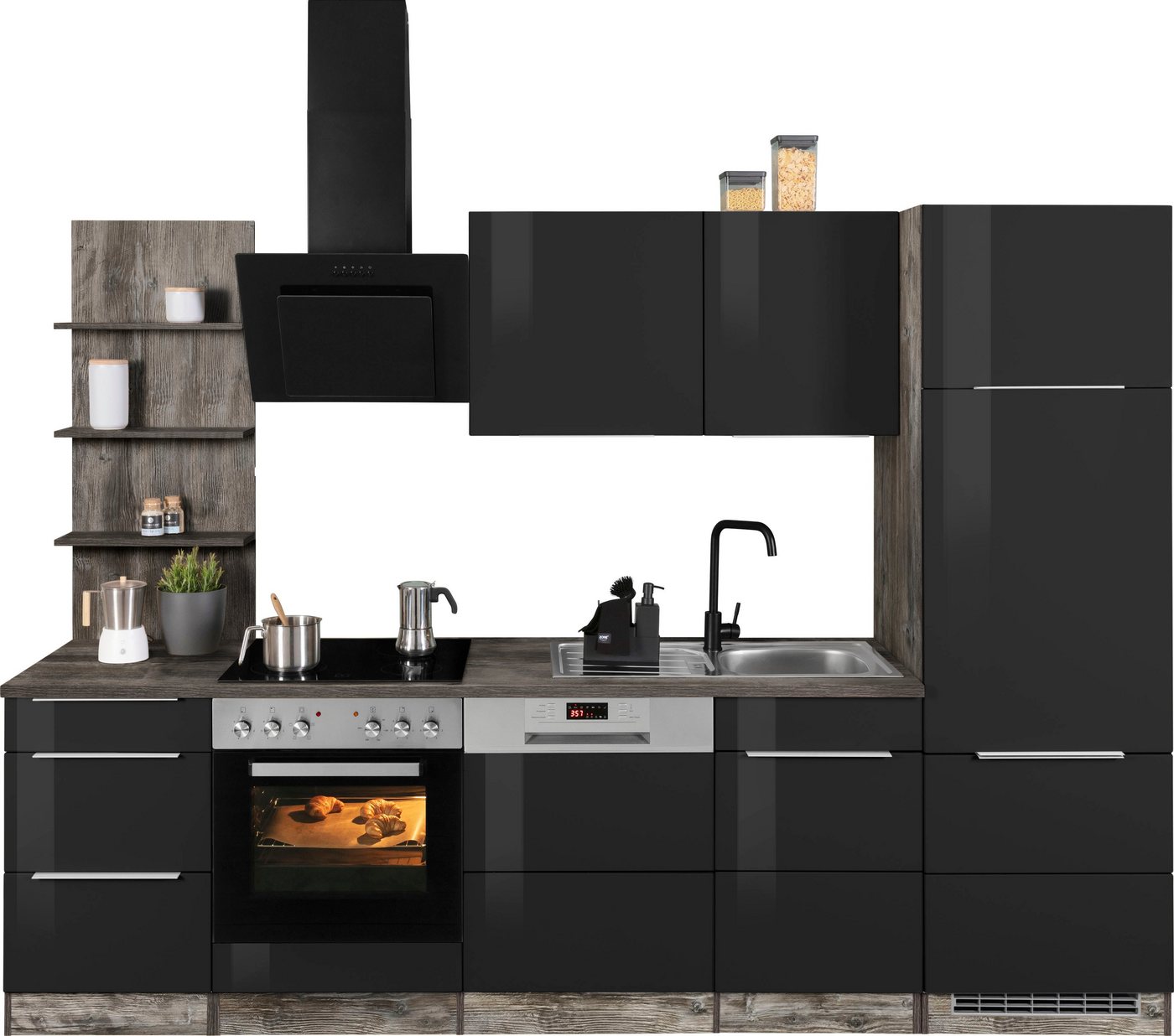 HELD MÖBEL Küchenzeile Brindisi, mit E-Geräten, Breite 280 cm schwarz