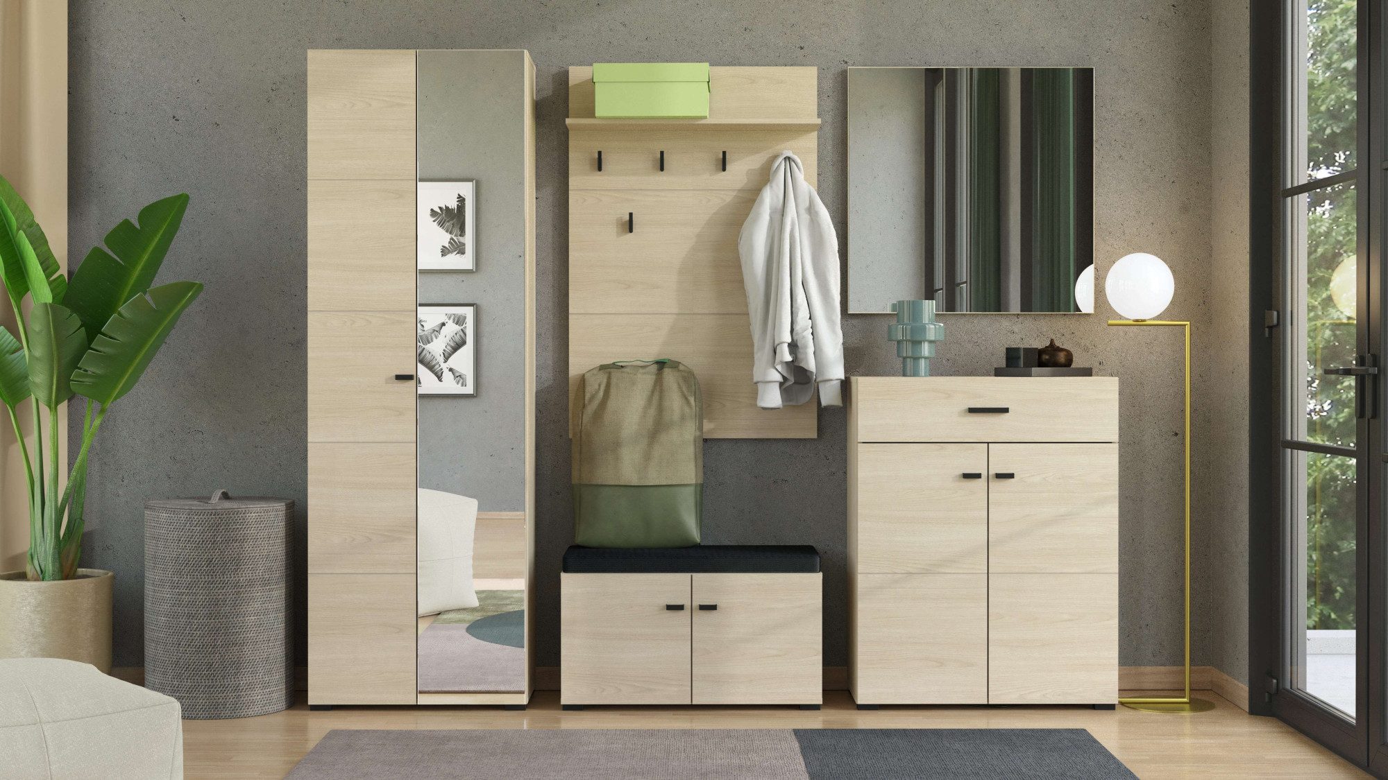 Home affaire Шкафы-Set Rathlin Flurmöbel, Dielenmöbel, Flurschrank, Flurgarderobe, (5-St., 5tlg), inkl. 2 Schränke, Sitzbank mit Kissen, Панели гардеробные und Spiegel