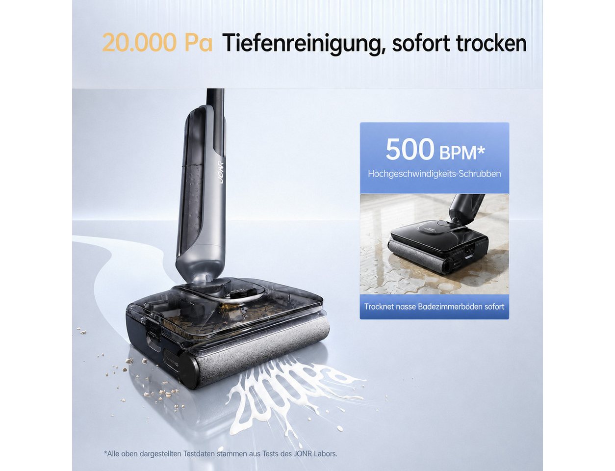 JONR Nass-Trocken-Akkusauger H2/H2 PRO,20000 Pa,Innovatives Geruchsfreies Design, 1500ml Wassertank, 100 W, Unten Integrierter Schmutzwassertank, Saugwischer Smart 3 in 1/ Nass Trockensauger akk, Badezimmer-Modus, 180°-Flachreinigung