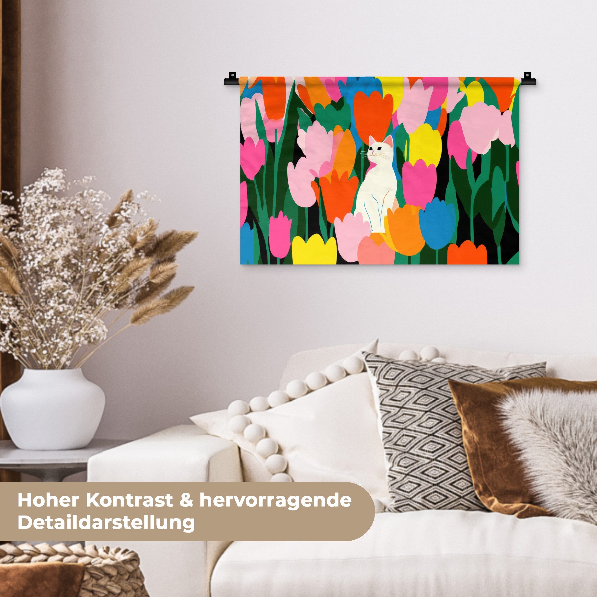 MuchoWow Wandteppich Tulpen - Katze - Farbenfroh, Rechteckig, Höhe: 3 mm, Wandteppich für Wohnzimmer, Schlafzimmer, 60x40 cm