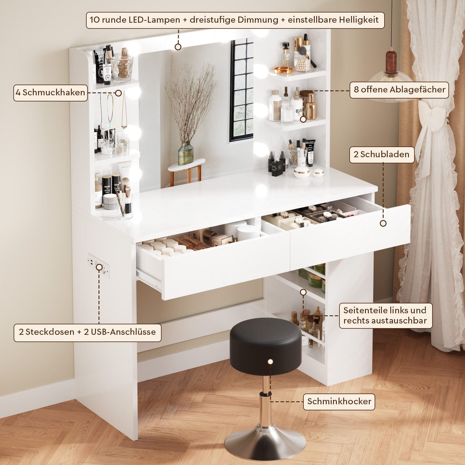HOMALL Schminktisch mit Spiegel, LED-Beleuchtung, einstellbare Helligkeit, ostern (Langex Brete x Hthe) 90/110 x 40x 135 cm. B ofene Facher (2 seitiche Facher s – Bild 5 von 5