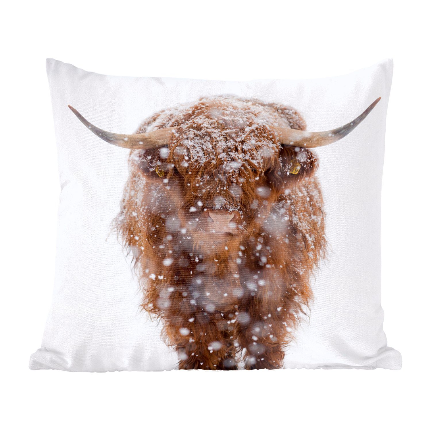 MuchoWow Dekokissen Schottischer Highlander - Kuh - Schnee, Zierkissen mit Füllung für Wohzimmer, Schlafzimmer, Deko, Sofakissen