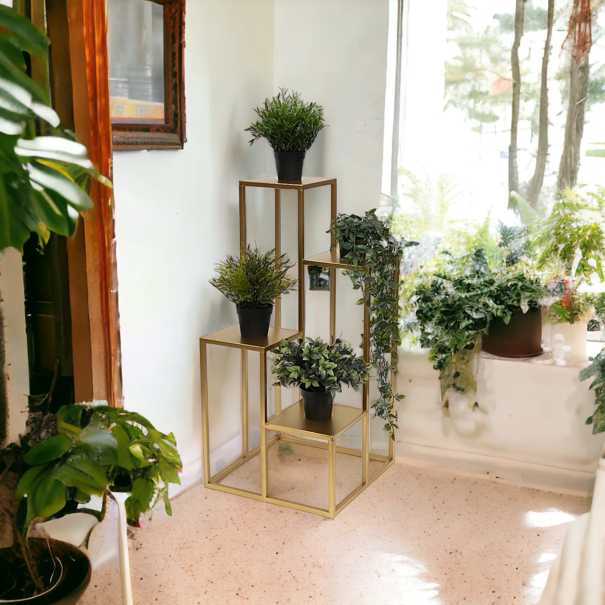 DanDiBo Blumenhocker Blumentreppe Metall Gold 82 cm Pflanzentreppe Blumenständer Modern