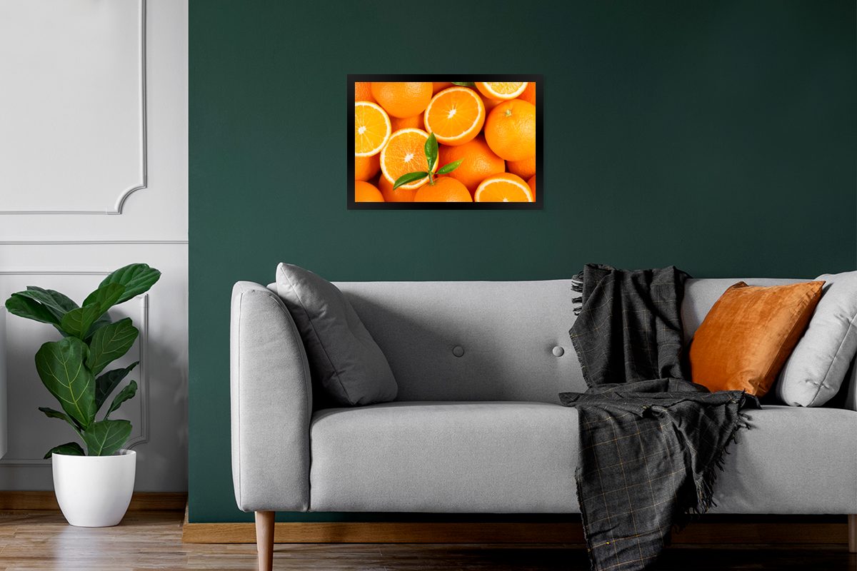 MuchoWow - St), (1 - Wandposter, Poster Bilderrahmen Wanddeko, Bilder, Gerahmtes Orange Schwarzem Poster, Früchte Blätter,