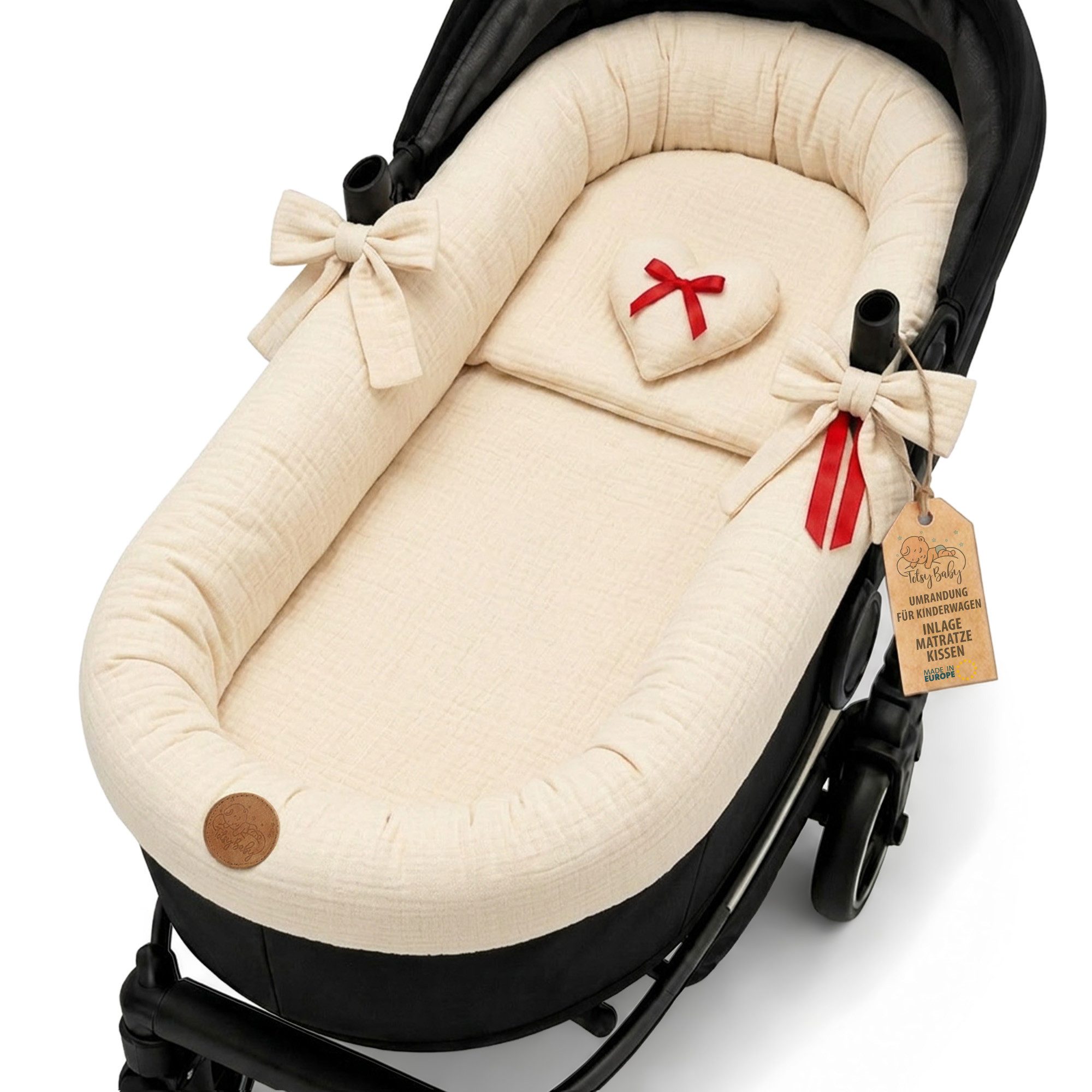 Totsy Baby Kinderwagen-Bezug Stubenwagen Umrandung Musselin Nestchen Set 3tlg Kissen Einlage Baby