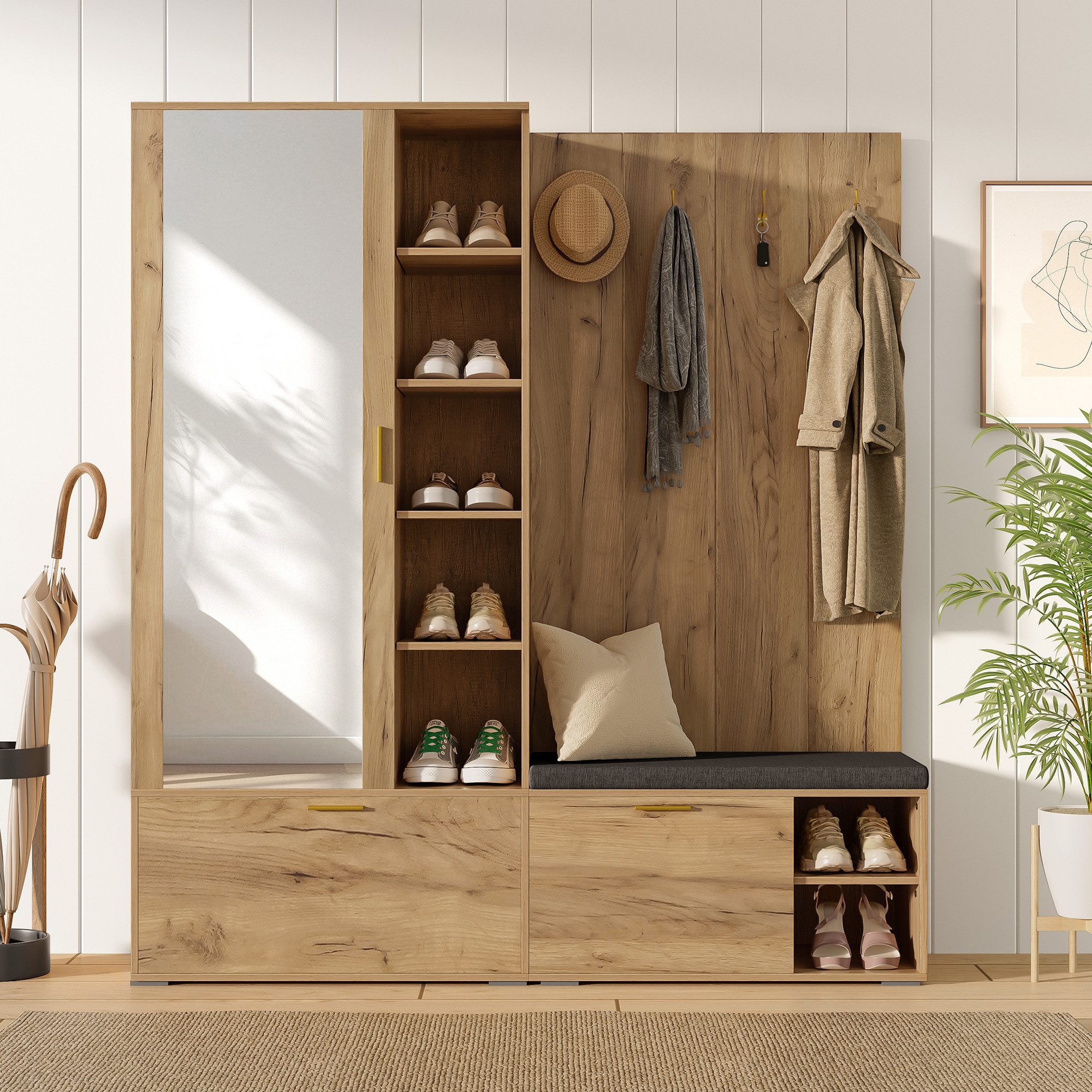 Flieks Garderoben-Set Schuhschrank, Kleiderschrank mit ausziehbarer Kleiderstange & Spiegel, (B160xT38xH180 cm, Flurschrank mit verstellbaren Einlegeböden), Kompaktgarderobe Einganschrank Flurmöbel-Set Holzoptik