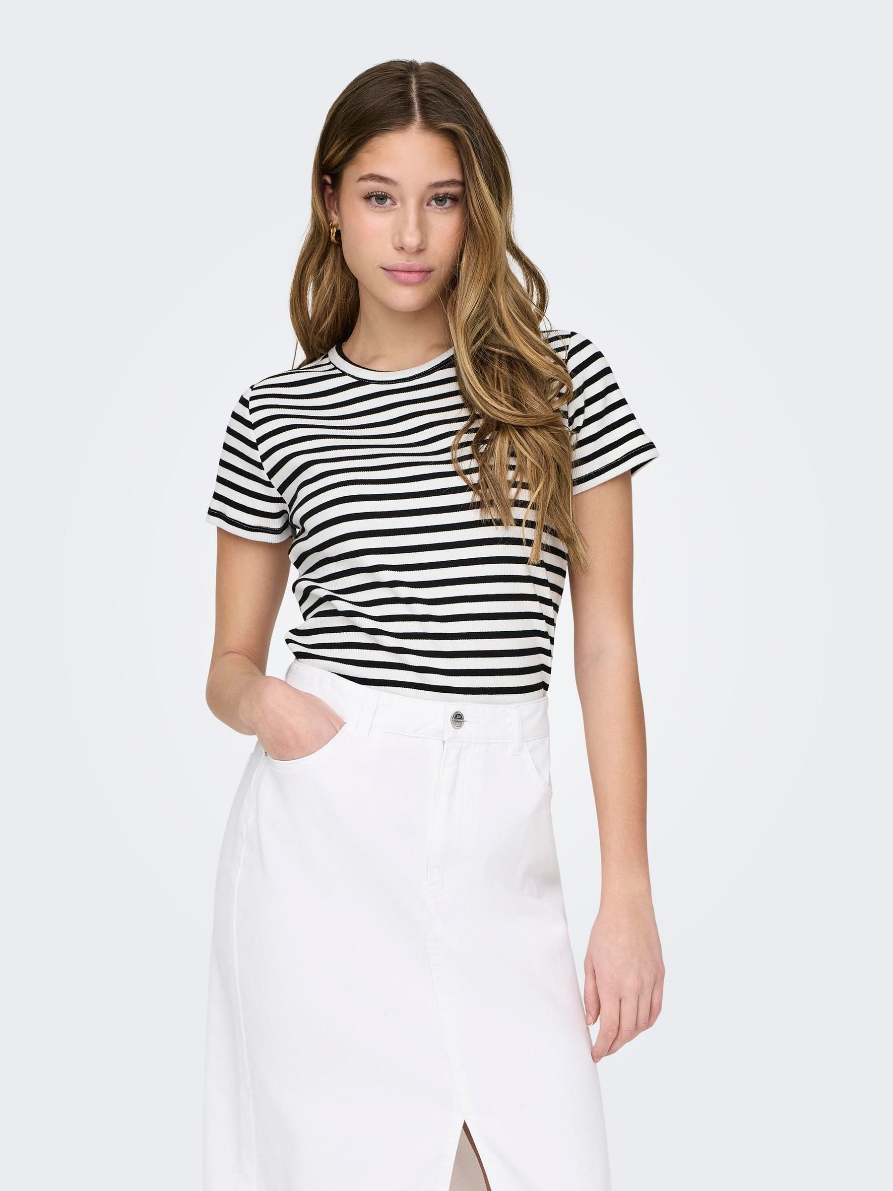 JACQUELINE de YONG T-Shirt Gestreiftes Basic Rundhals Oberteil JDYSOLAR für Baumwolle Regular Fit Rundhals Kurzarm gestreift elastisch