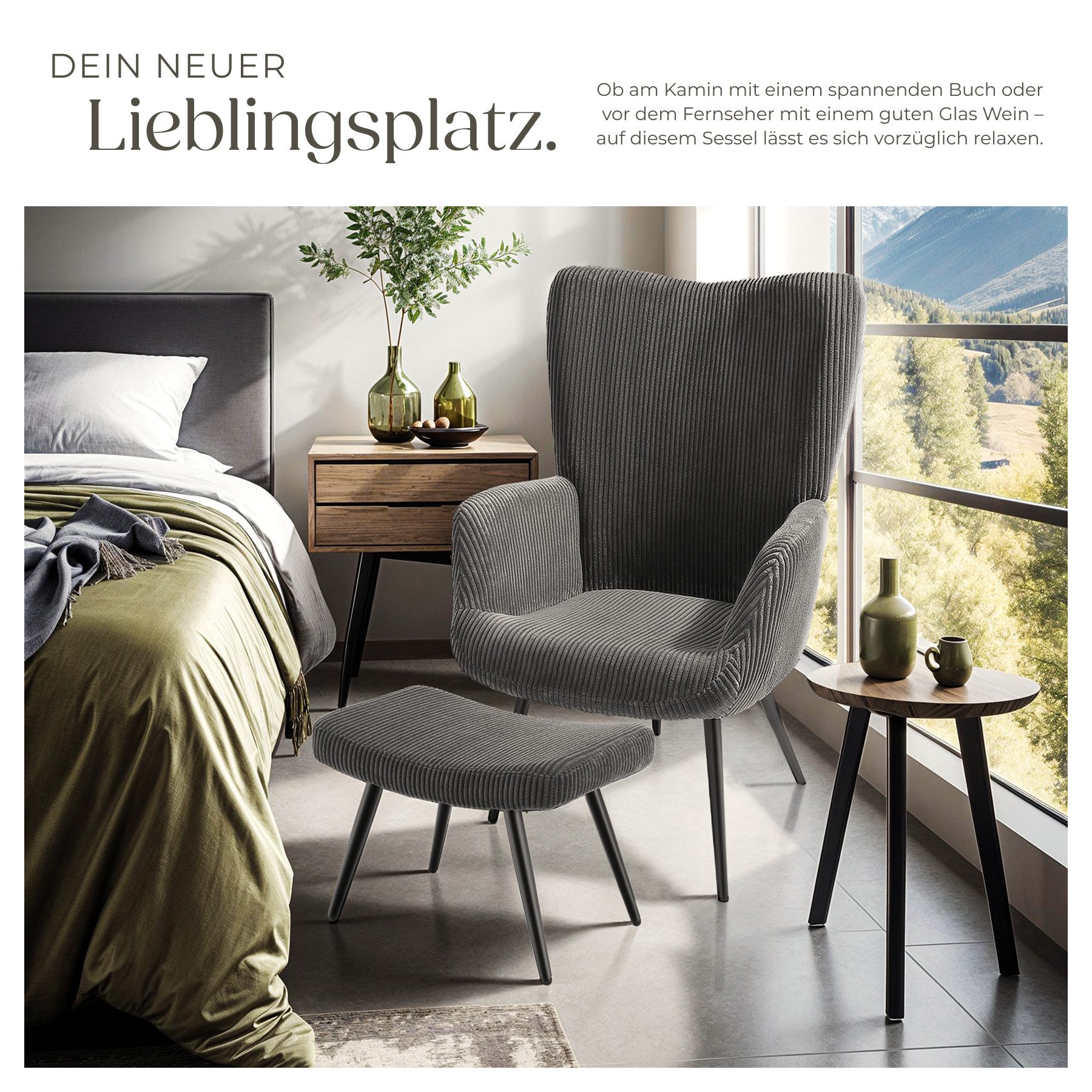 tectake Relaxsessel Polstersessel, bodenschonend, Belastbarkeit 150 kg, 72 x 76 x 100,5 (Fernsehsessel Hygge, in Breitcord Anthrazit/Schwarz), gepolstert, Armlehnen und ergonomische Rückenlehne, runde Stahlbeine