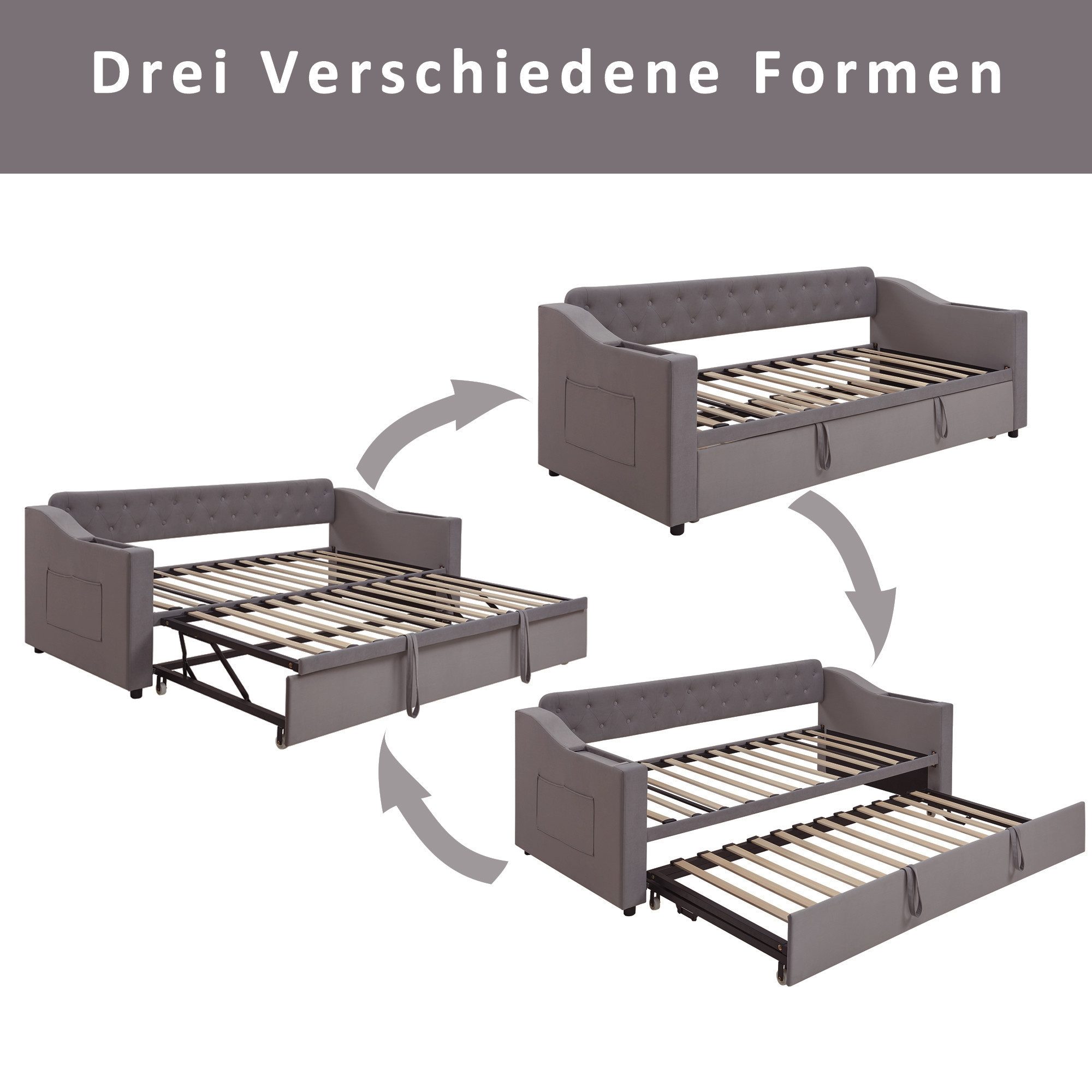 Odikalo Schlafsofa Schlafcouch 90x190 mit Lattenrost & USB Ohne Matratze, Polsterbett Schlafsofa, 90/180*190 cm, Breitere und Dickere Armlehnen mit USB-Ladeanschluss, Integrierte Ablage in den Armlehnen, Mit Ablagetaschen, Mit Lattenrost, Samtstoff, Grau / Beige
