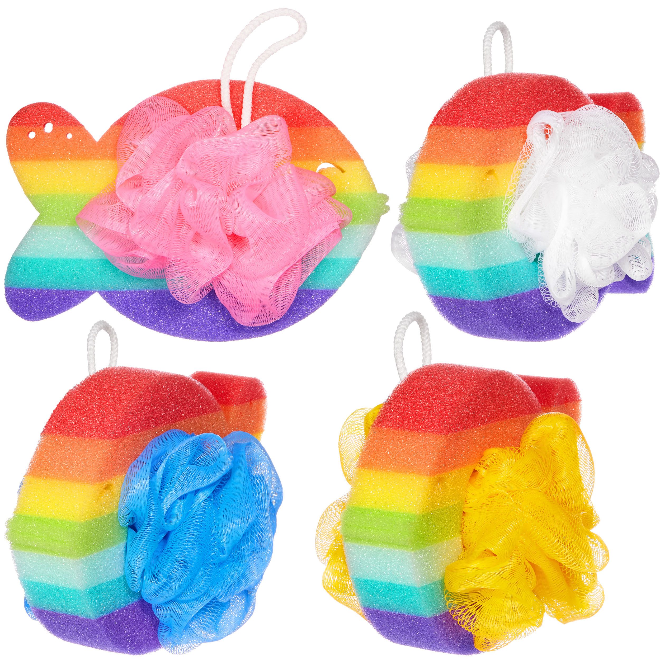 BRUBAKER Duschschwamm Badeschwamm Set Regenbogen Fisch - 25 g Badeknäuel Seifschwamm, 4-tlg., Körperreinigungsschwamm für Kinder und Erwachsene inkl. Geschenkbox